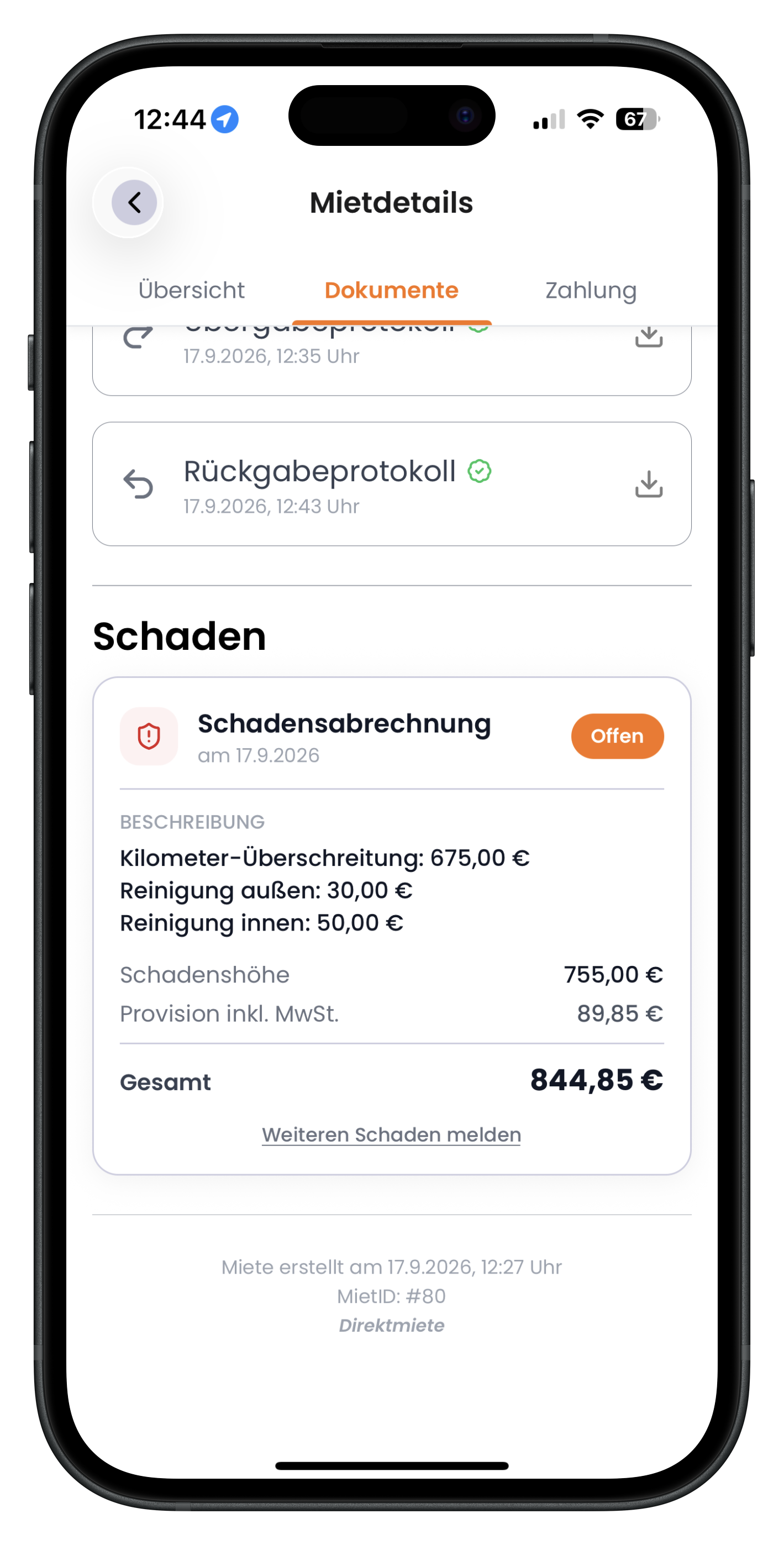 Mietdetails mit Abschnitt Schaden, Status Offen und allen Positionen
