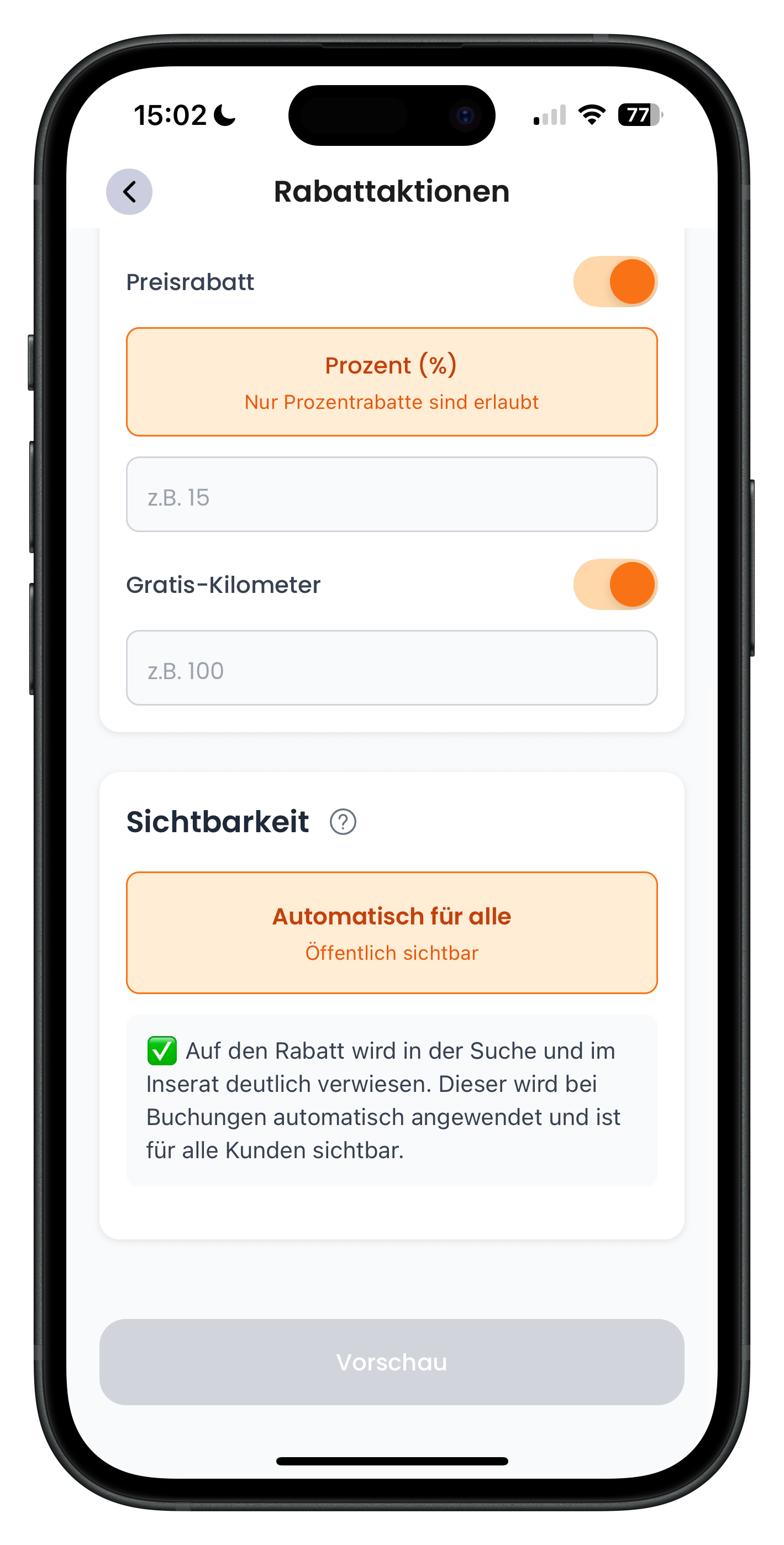 Formular mit aktivierten Gratis-Kilometern und dem Sichtbarkeits-Bereich Automatisch für alle