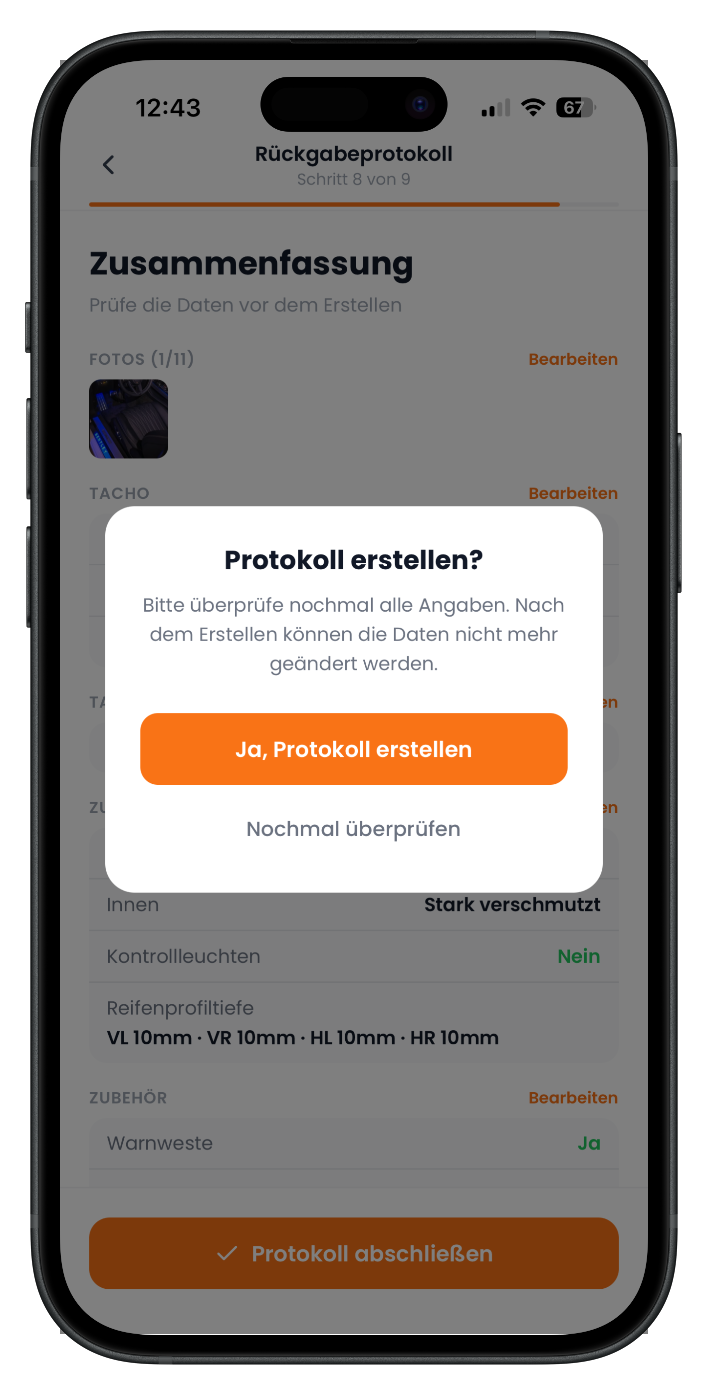 Bestätigungsdialog Protokoll erstellen mit Hinweis auf Unveränderbarkeit
