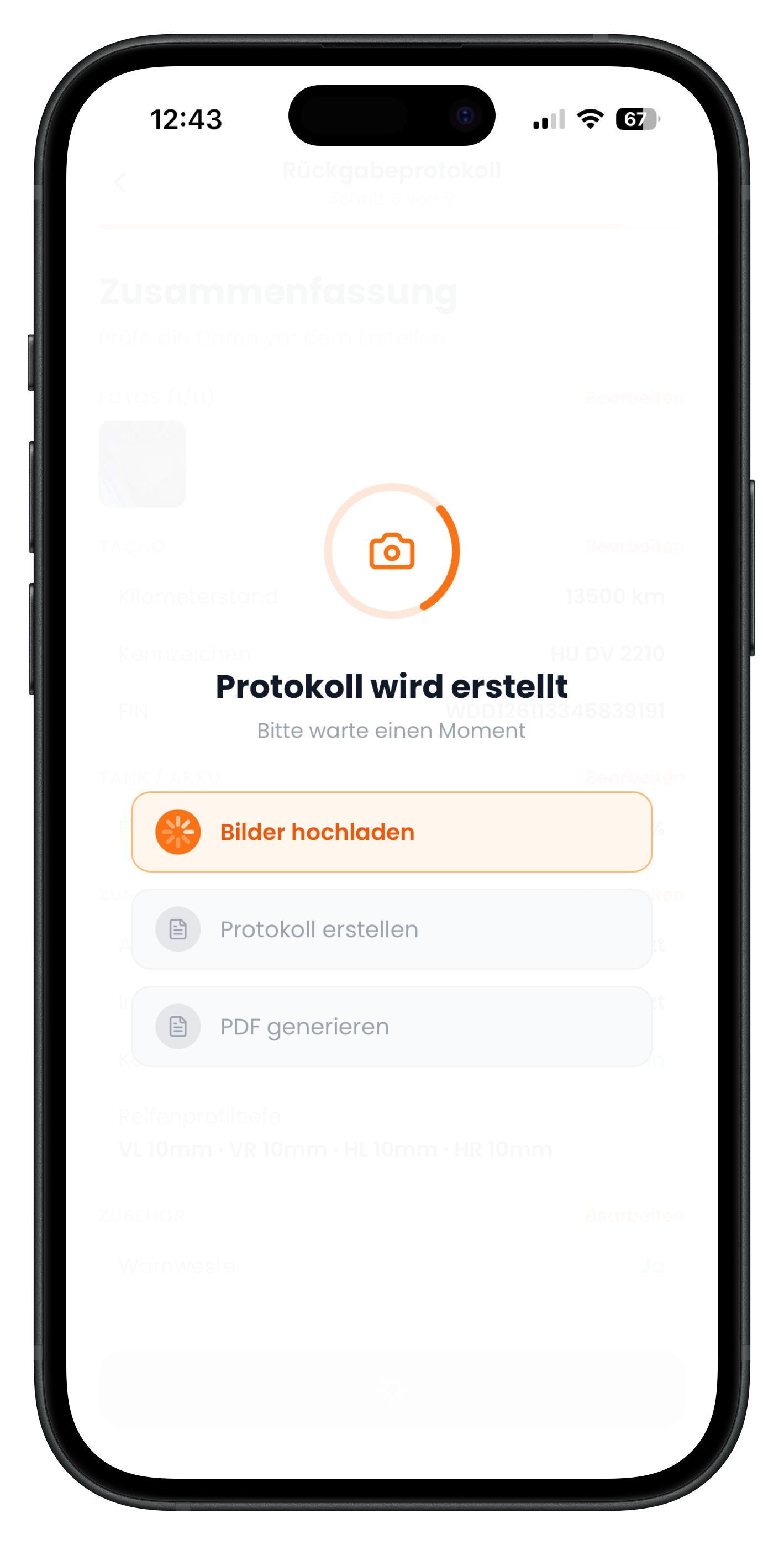 Ladeanzeige mit Bilder hochladen, Protokoll erstellen und PDF generieren