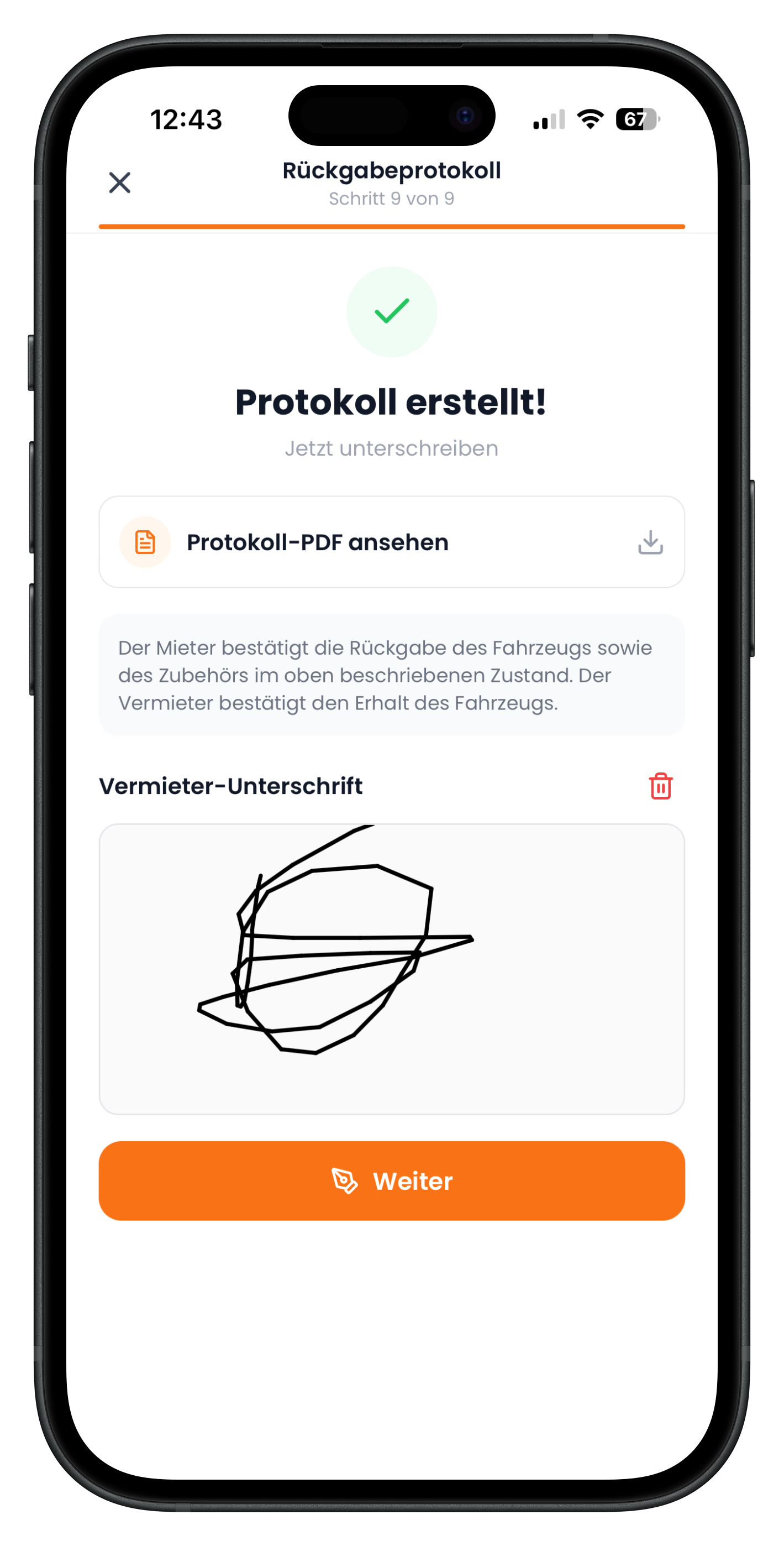 Vermieter-Unterschrift auf dem fertigen Rückgabeprotokoll