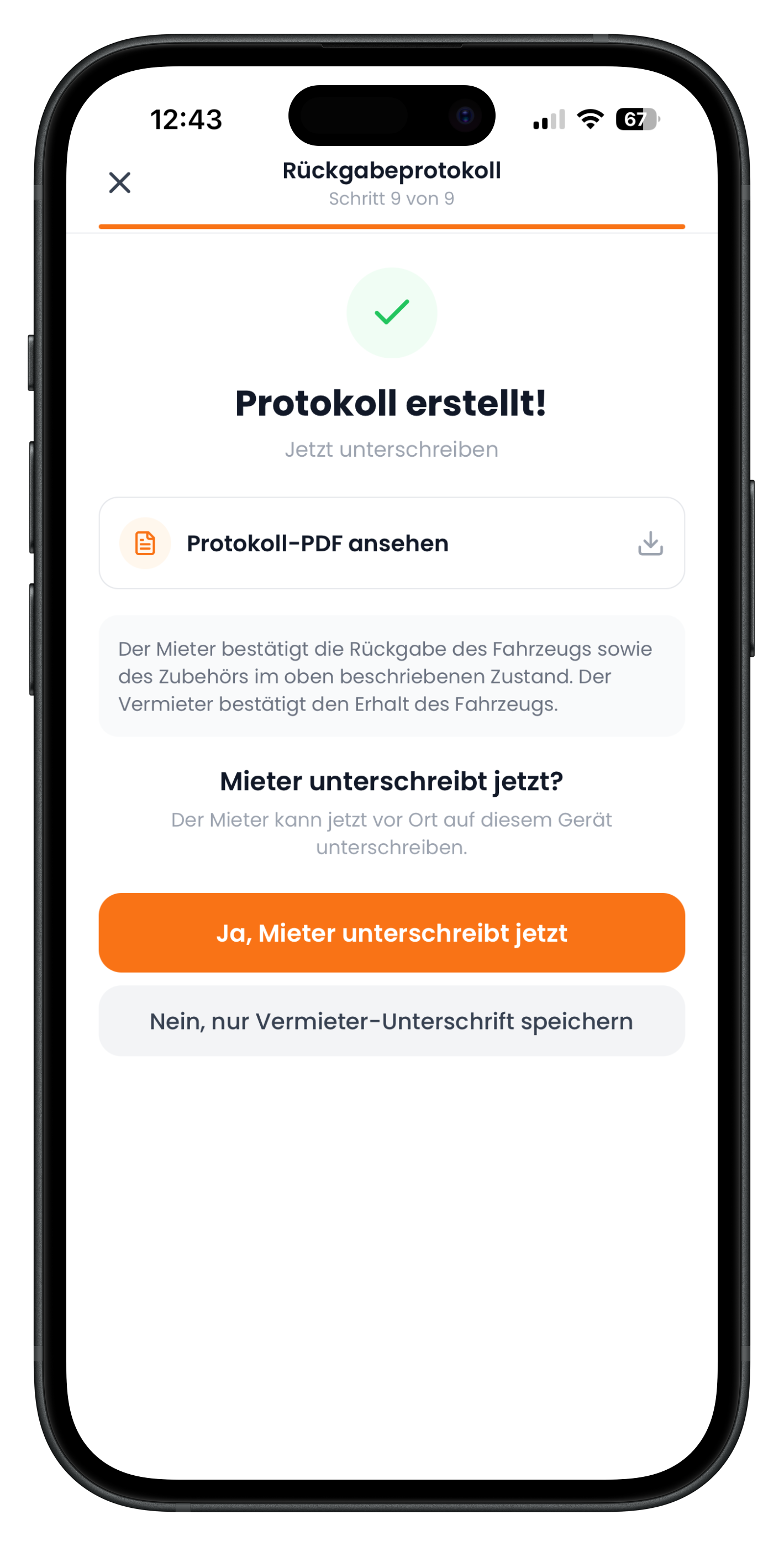 Auswahl, ob der Mieter jetzt unterschreibt oder nur die Vermieter-Unterschrift gespeichert wird