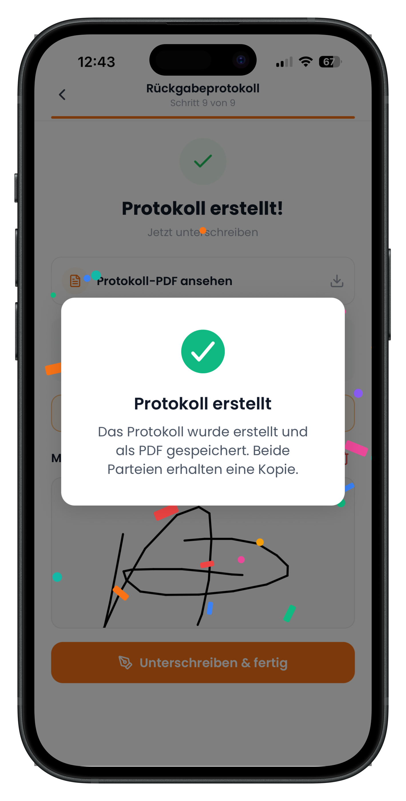 Erfolgsmeldung Protokoll erstellt mit Konfetti