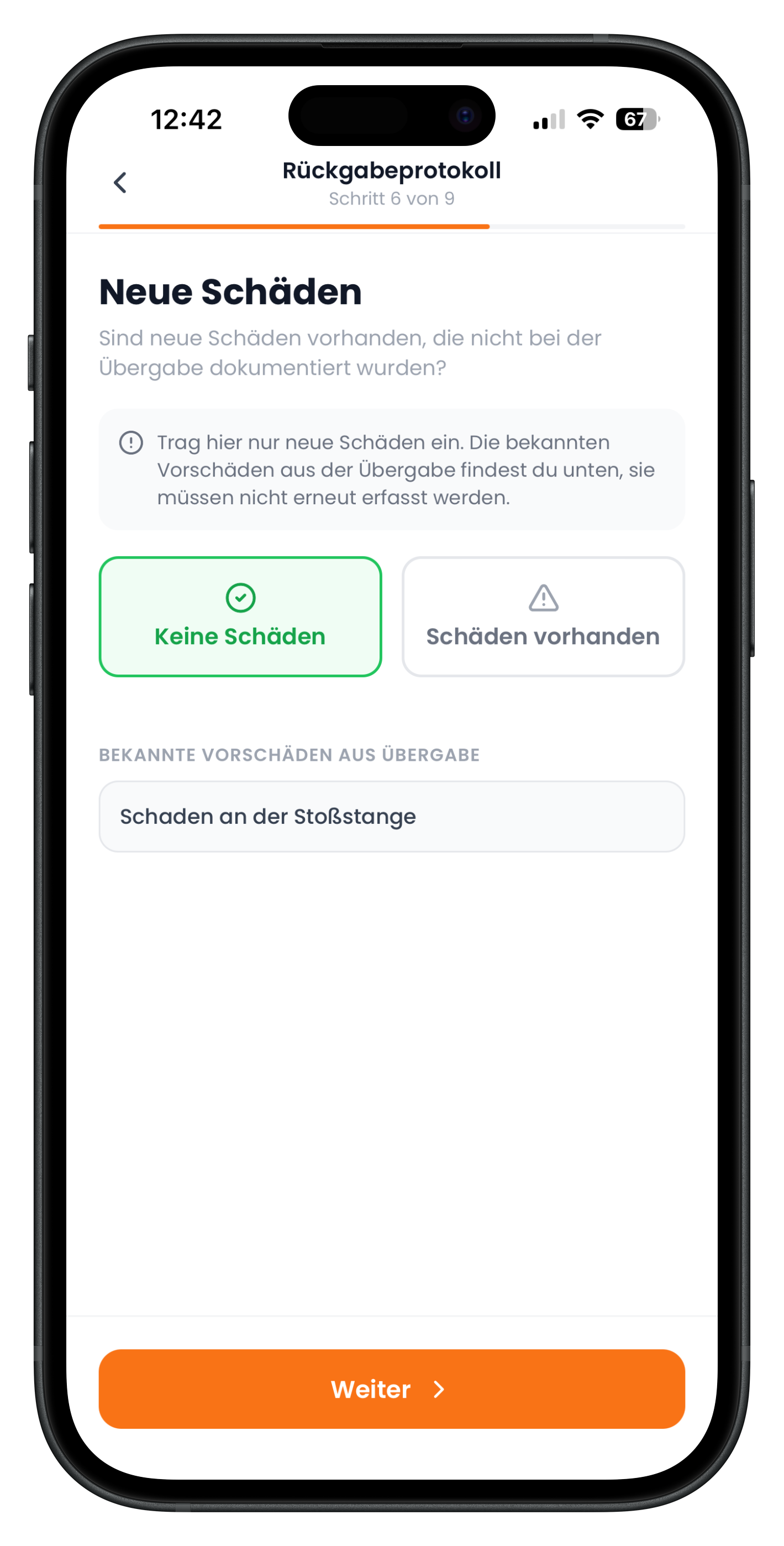 Schritt neue Schäden mit Hinweisbox und bekannten Vorschäden aus der Übergabe