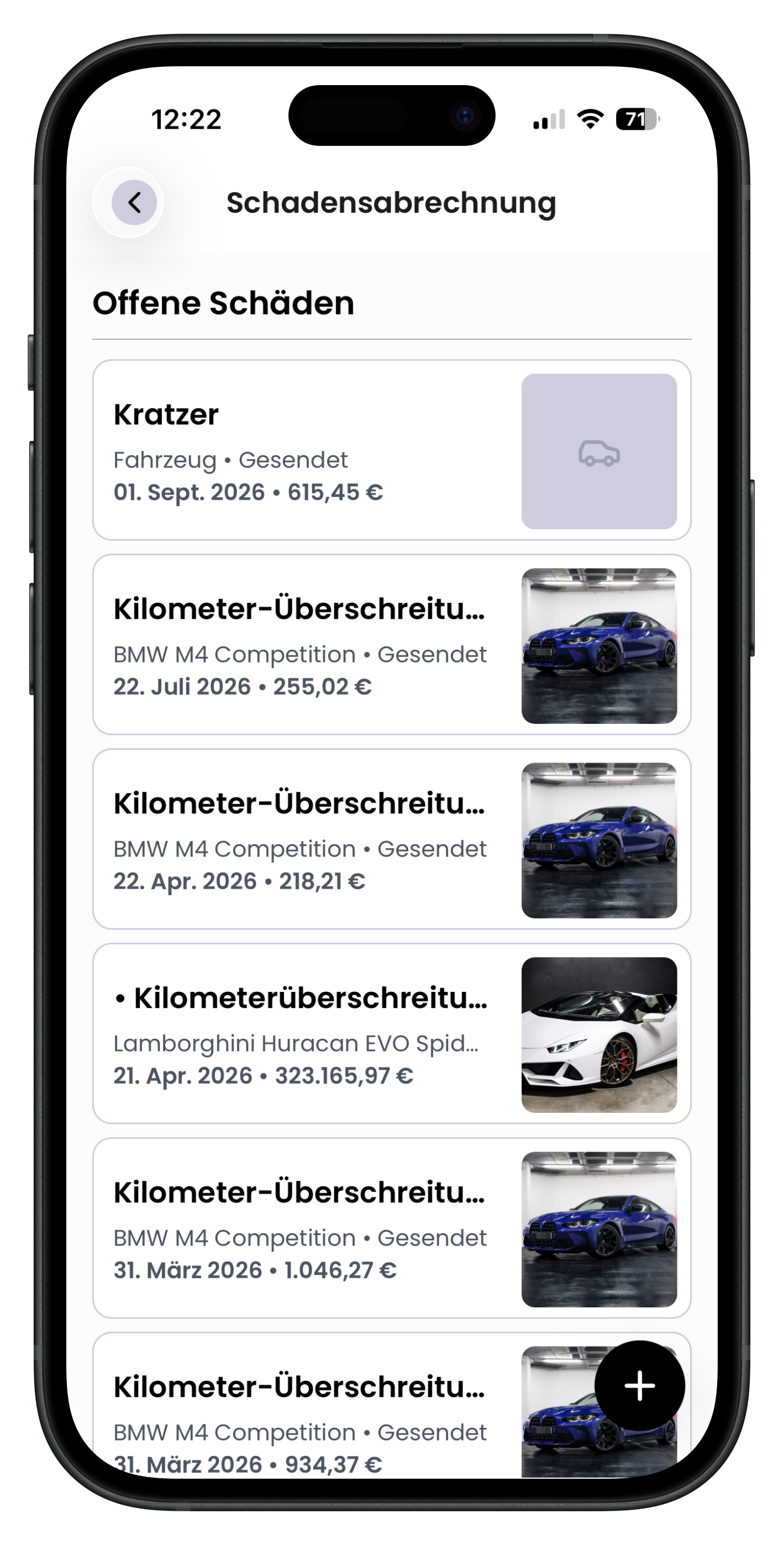 Liste offener Schäden mit Beträgen und schwarzem Plus-Button