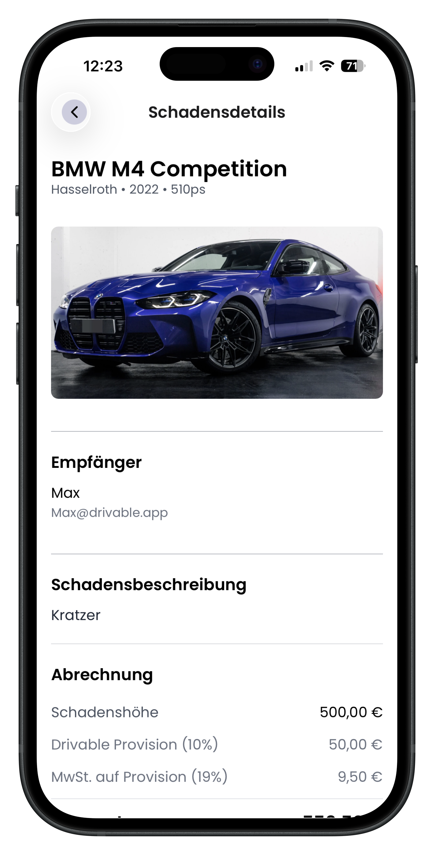 Schadensdetails mit Fahrzeug, Empfänger und Beschreibung