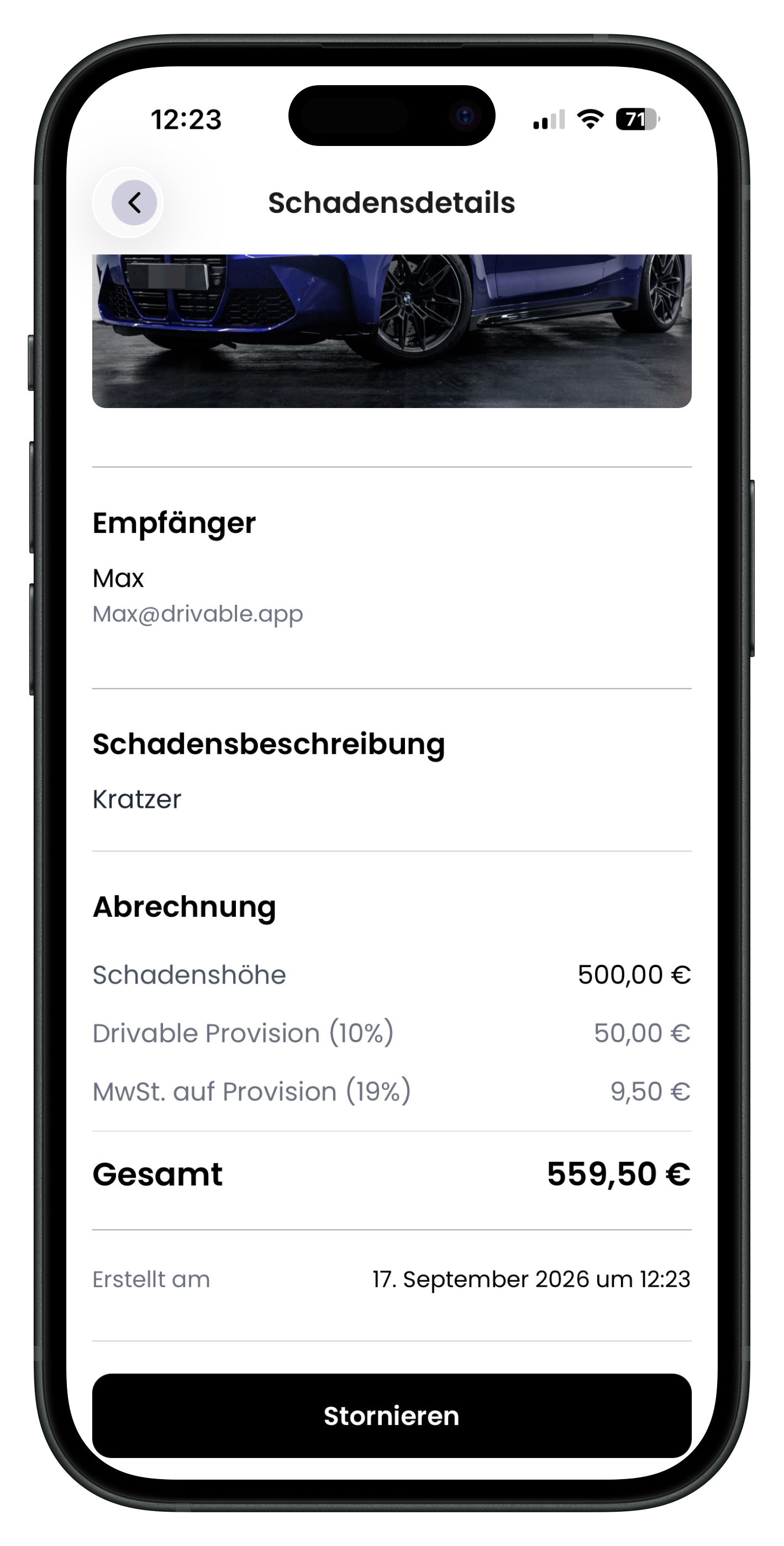 Schadensdetails mit Rechnung, Erstelldatum und Storno-Button