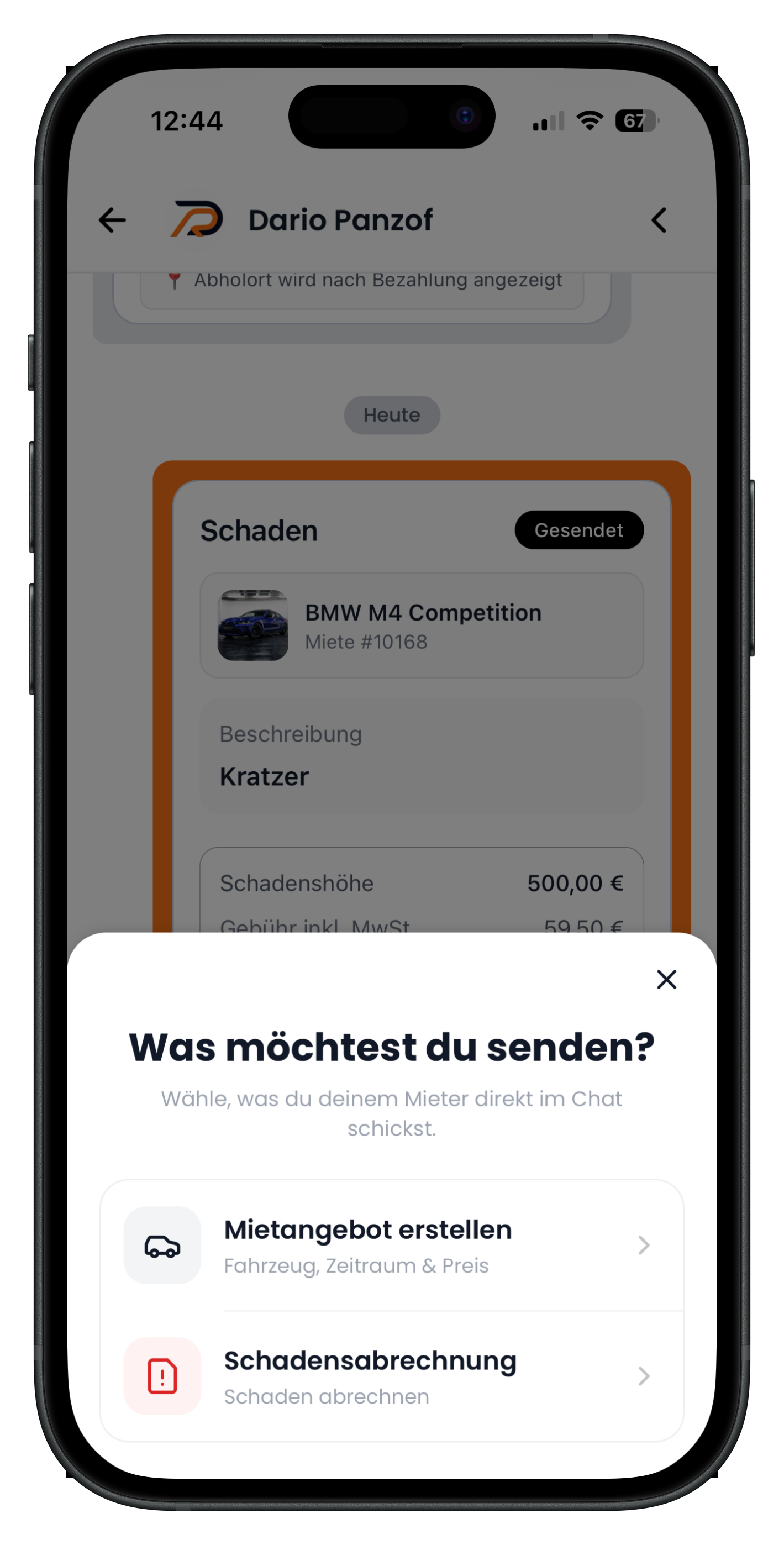 Chat mit Auswahlfenster für Mietangebot oder Schadensabrechnung