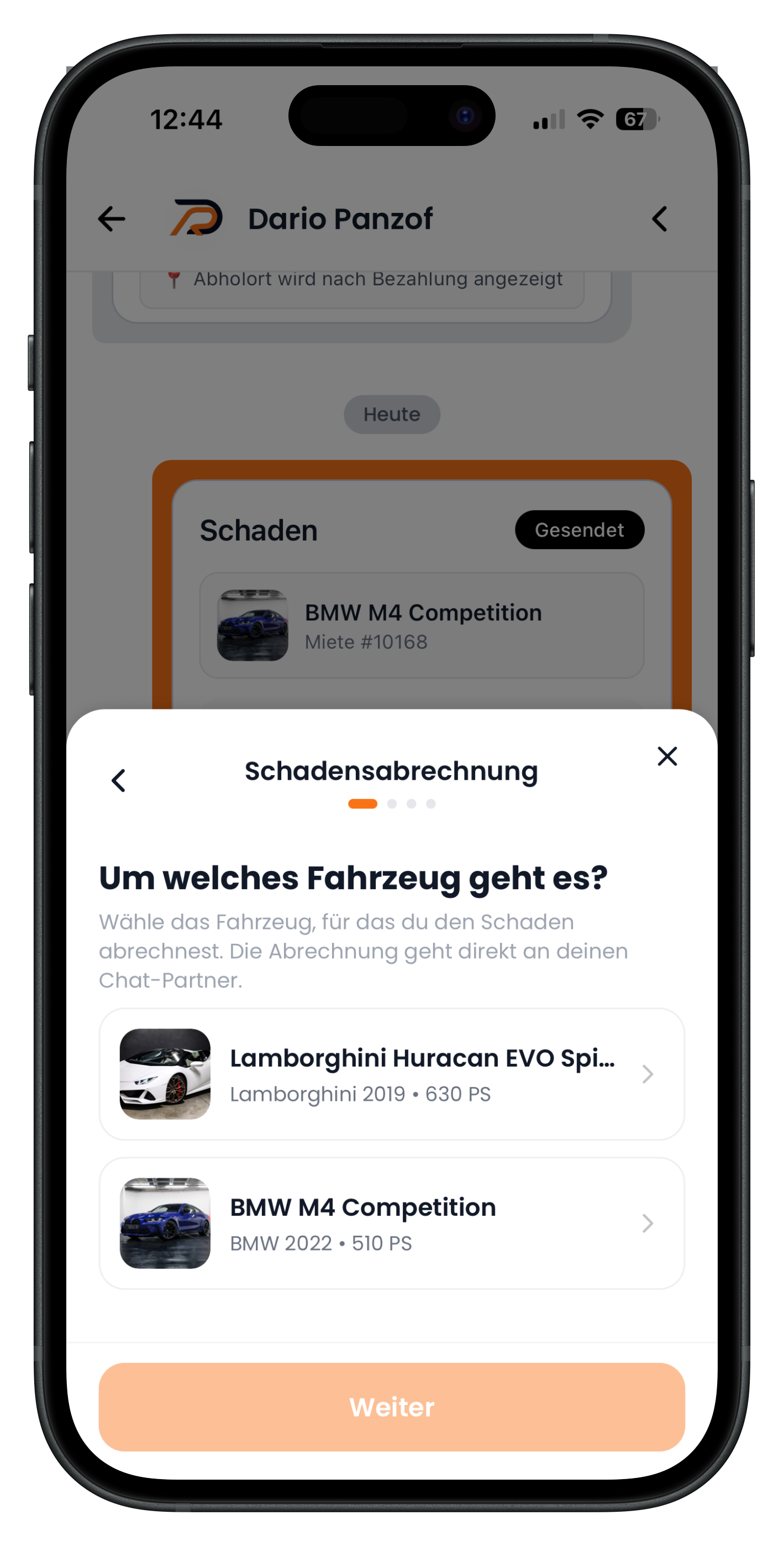 Chat-Flow Schritt 1 mit Fahrzeugauswahl