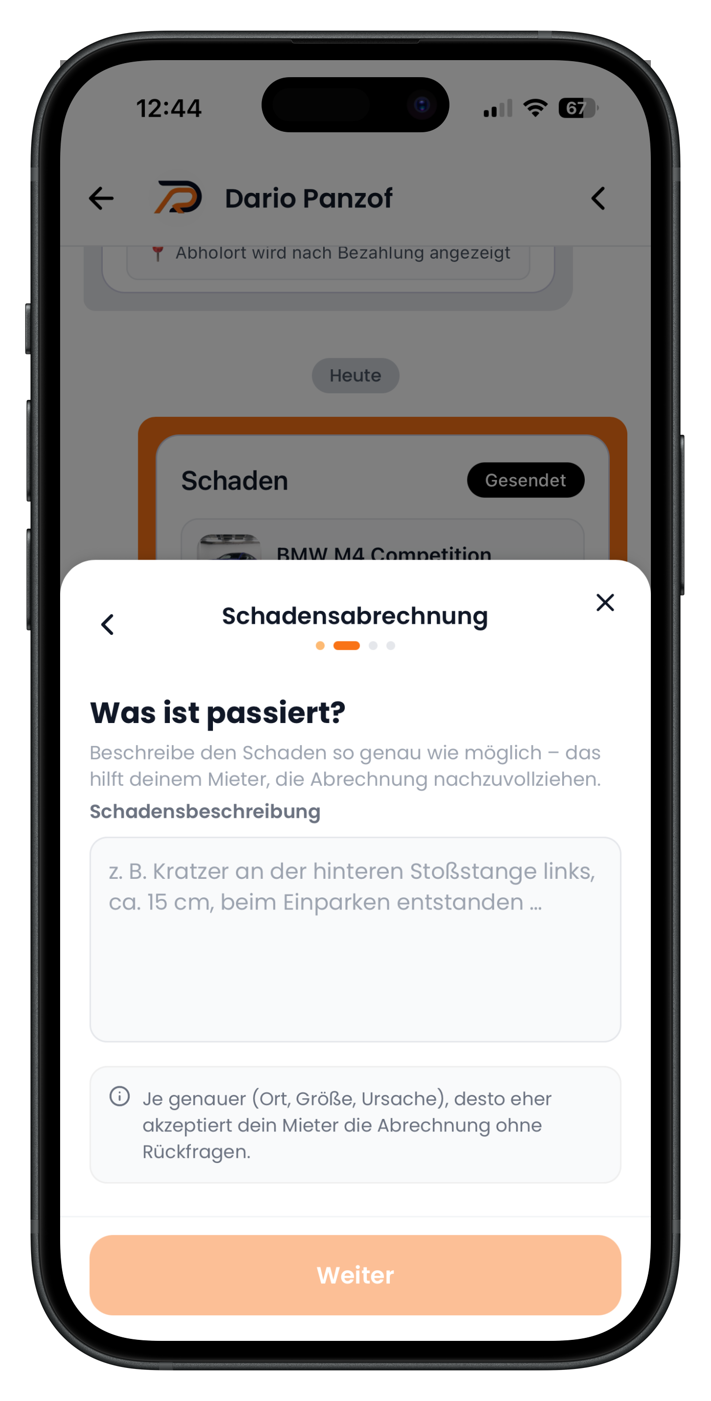 Chat-Flow Schritt 2 mit ausführlichem Beispiel für die Schadensbeschreibung