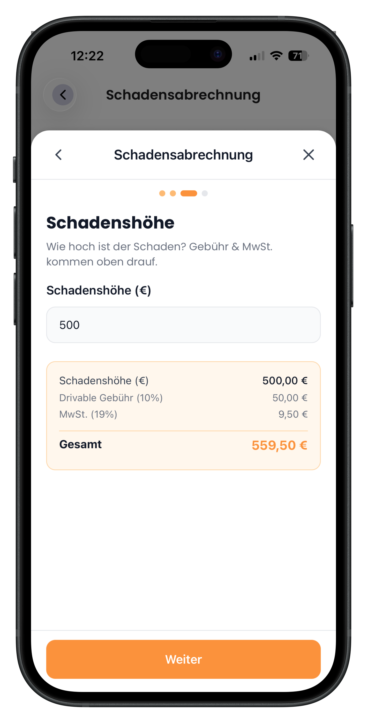 Eingabe der Schadenshöhe mit Gebühren-Aufschlüsselung und Gesamtsumme