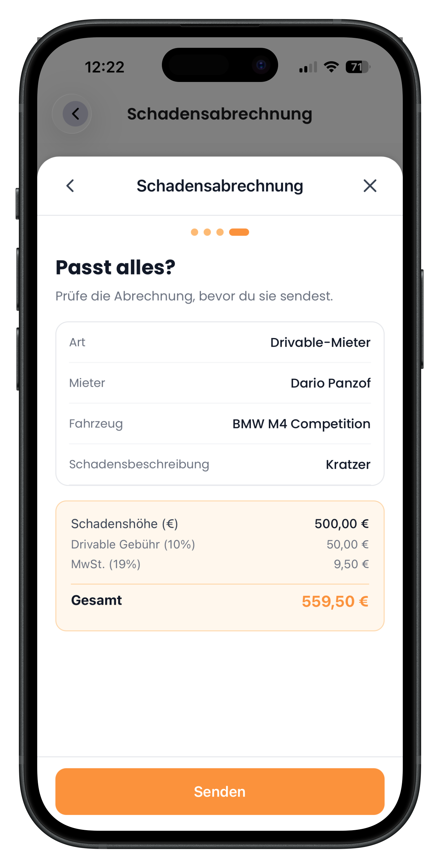 Prüfseite mit Zusammenfassung und Senden-Button