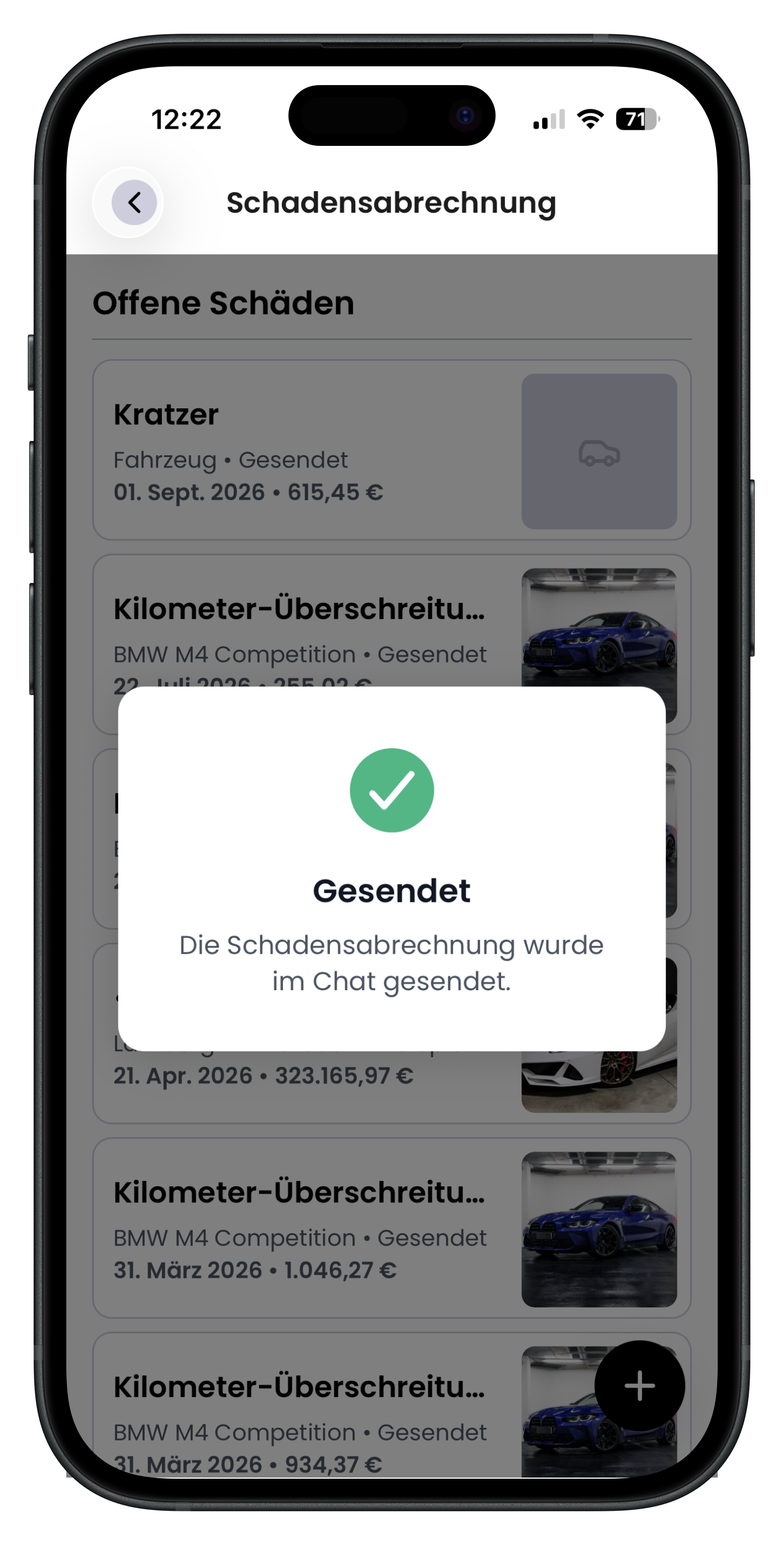 Bestätigung Gesendet mit dem Hinweis, dass die Abrechnung im Chat gelandet ist