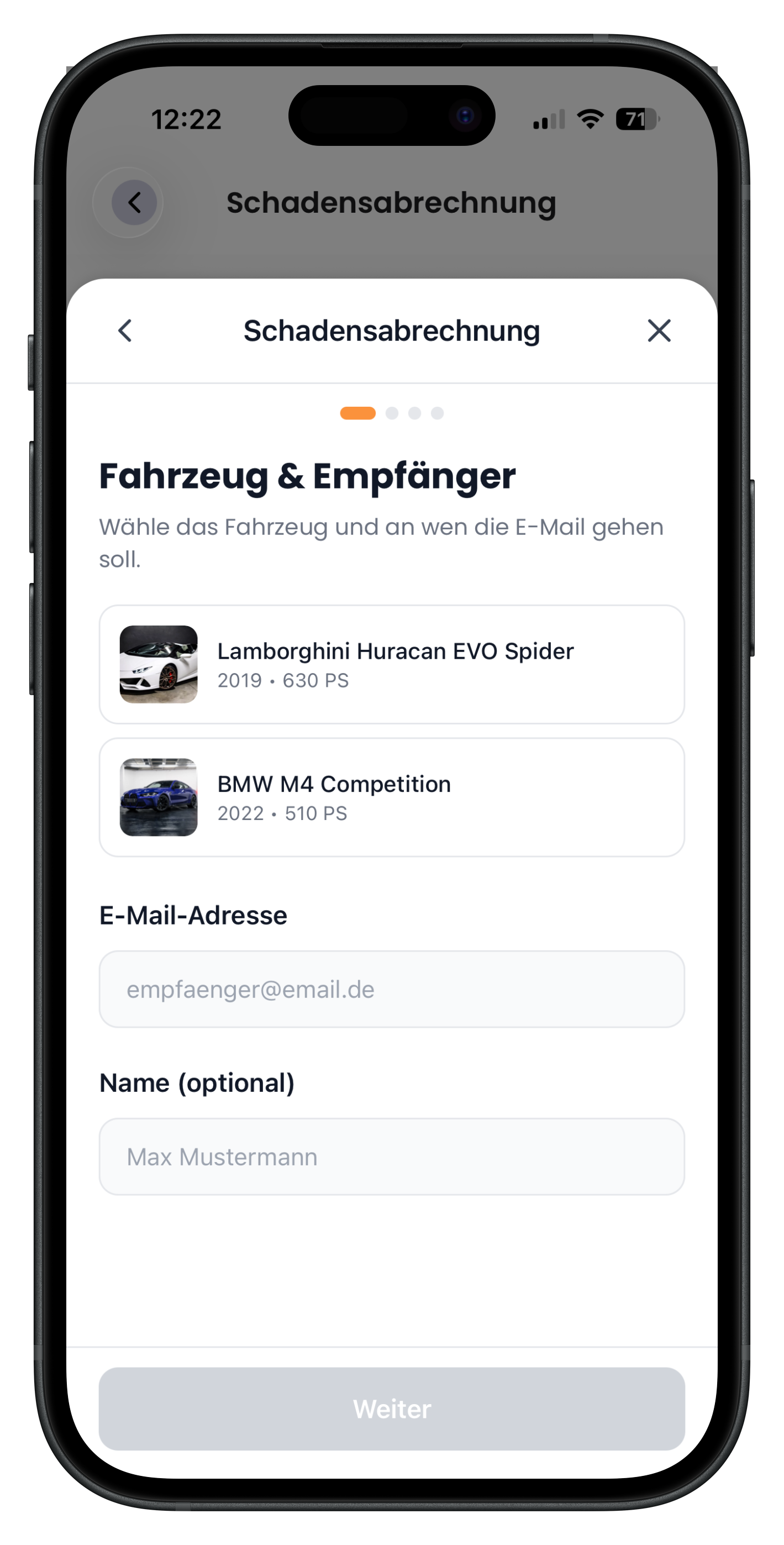 Externer Weg mit Fahrzeugauswahl, E-Mail-Adresse und optionalem Namen