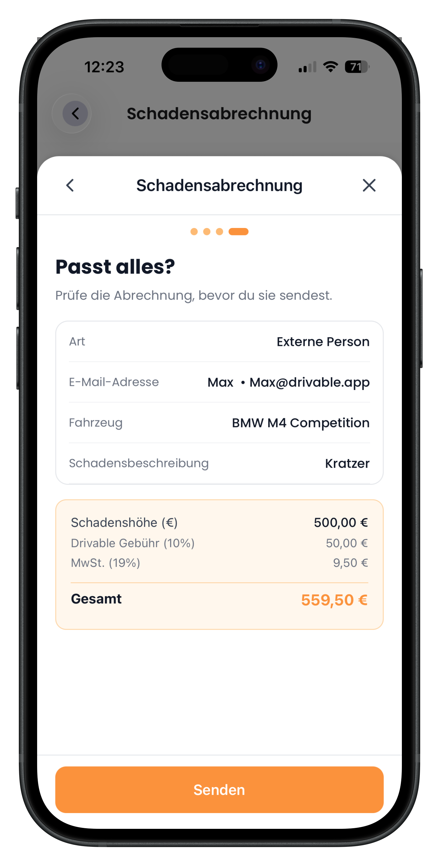 Prüfseite des externen Wegs mit Empfänger-E-Mail und Beträgen