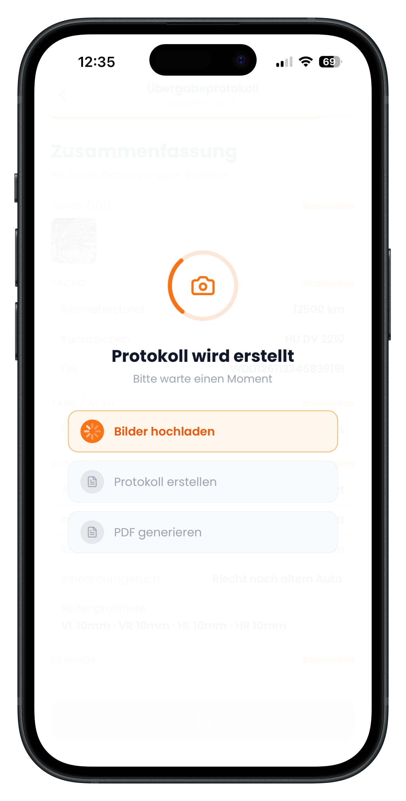 Ladeanzeige mit den Schritten Bilder hochladen, Protokoll erstellen und PDF generieren