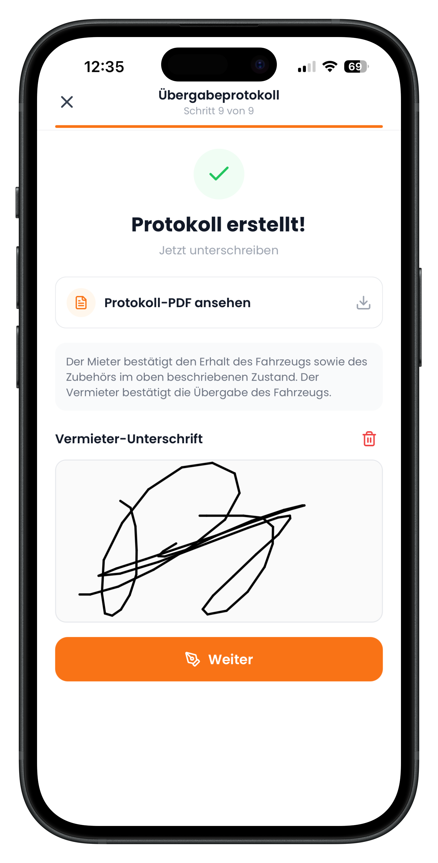 Vermieter-Unterschrift auf dem fertigen Übergabeprotokoll