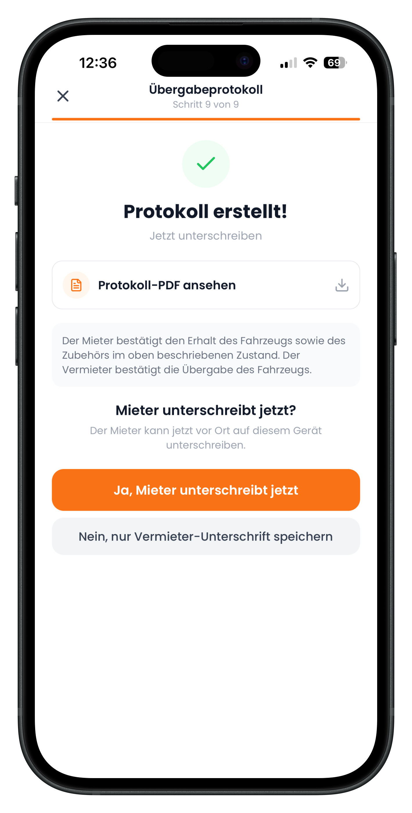 Auswahl, ob der Mieter jetzt unterschreibt oder nur die Vermieter-Unterschrift gespeichert wird