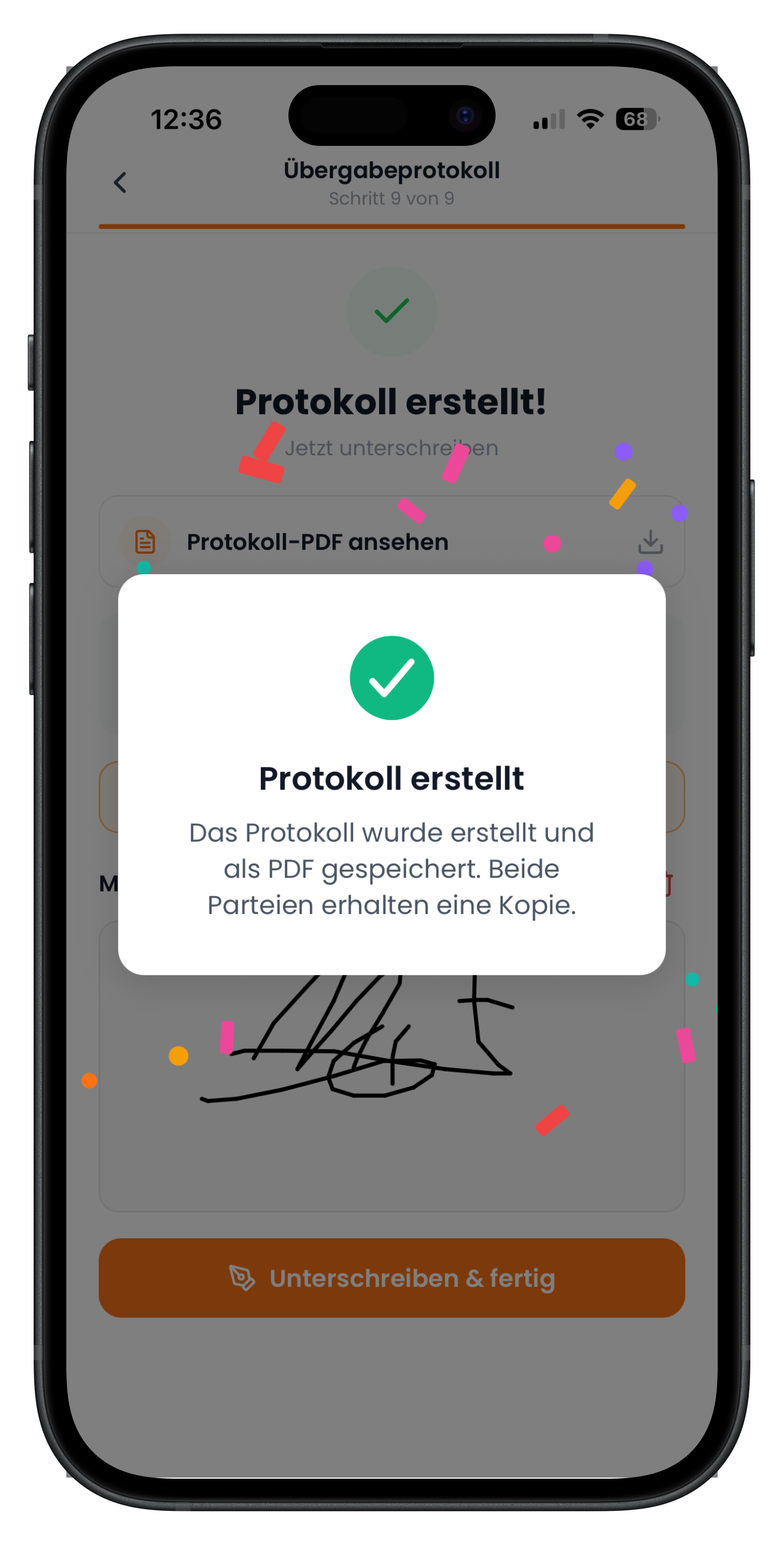 Erfolgsmeldung Protokoll erstellt mit Konfetti