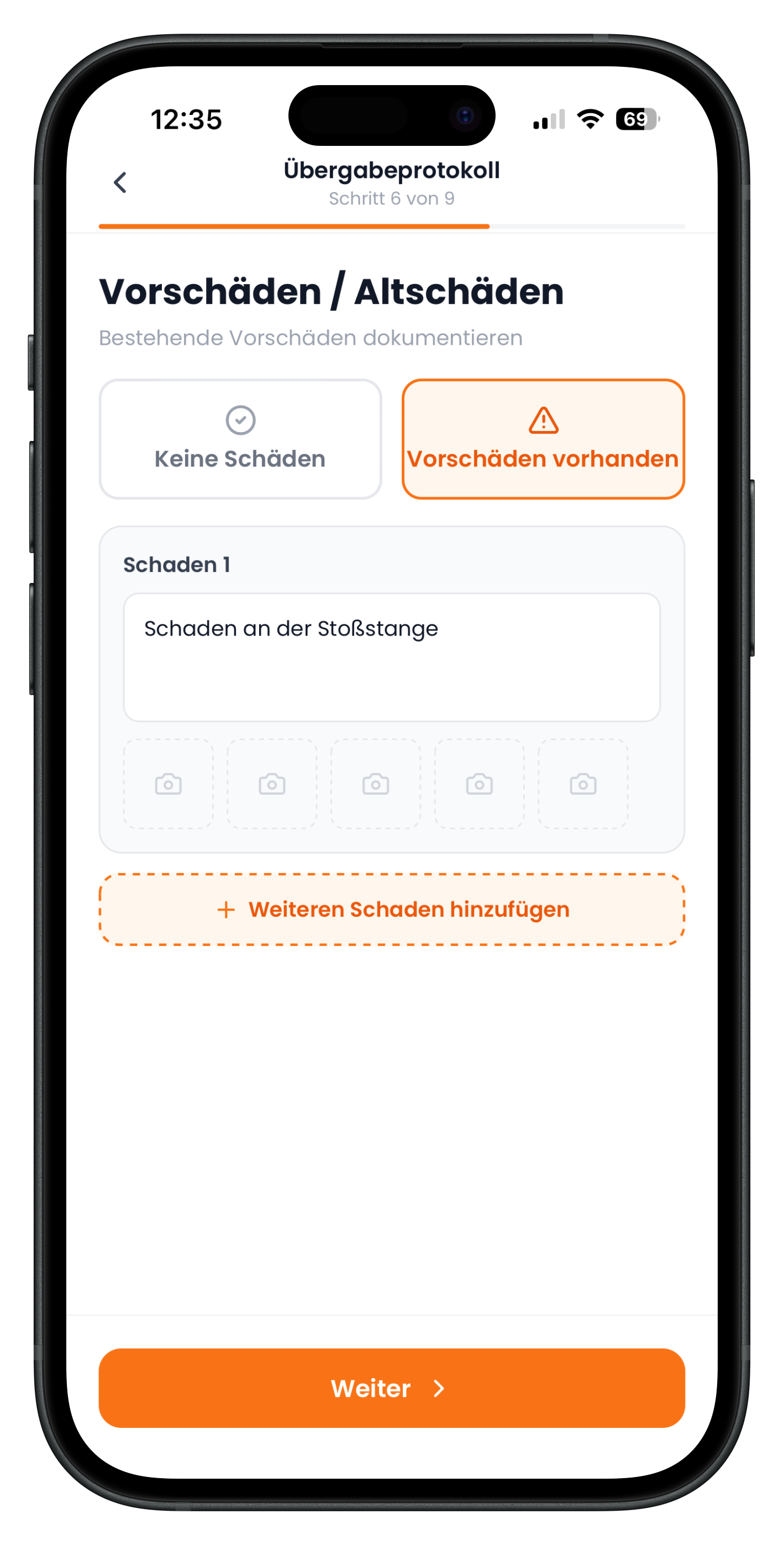 Schritt 6 mit Auswahl Vorschäden vorhanden und eingetragenem Schaden an der Stoßstange