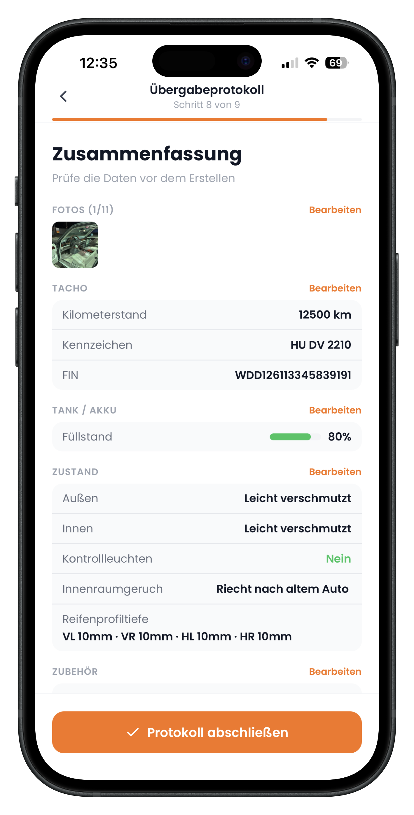 Zusammenfassung mit allen Angaben und Bearbeiten-Links je Abschnitt