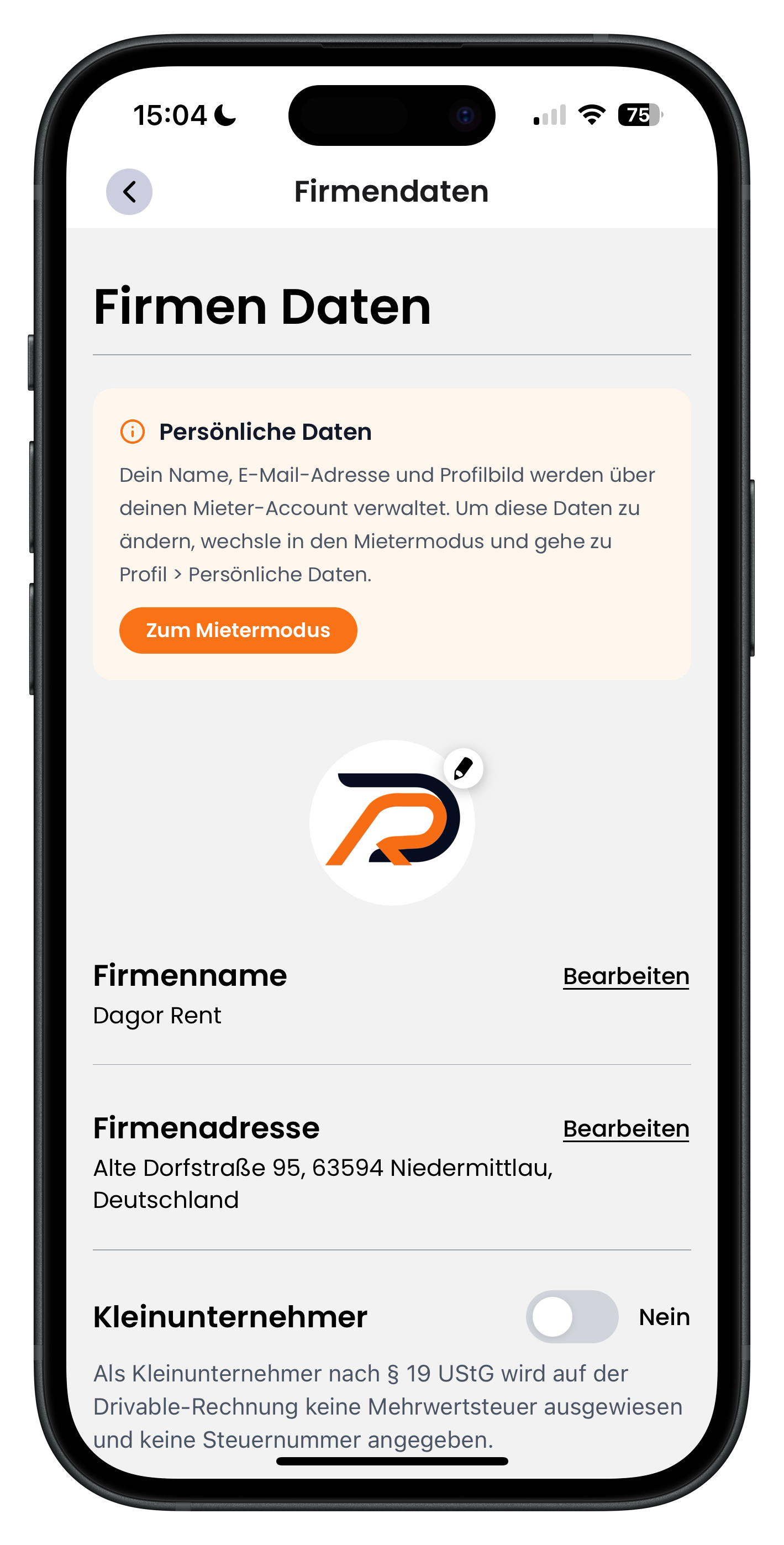 Firmendaten-Ansicht mit Firmen-Profilbild, Firmenname Dagor Rent, Firmenadresse und Kleinunternehmer-Schalter