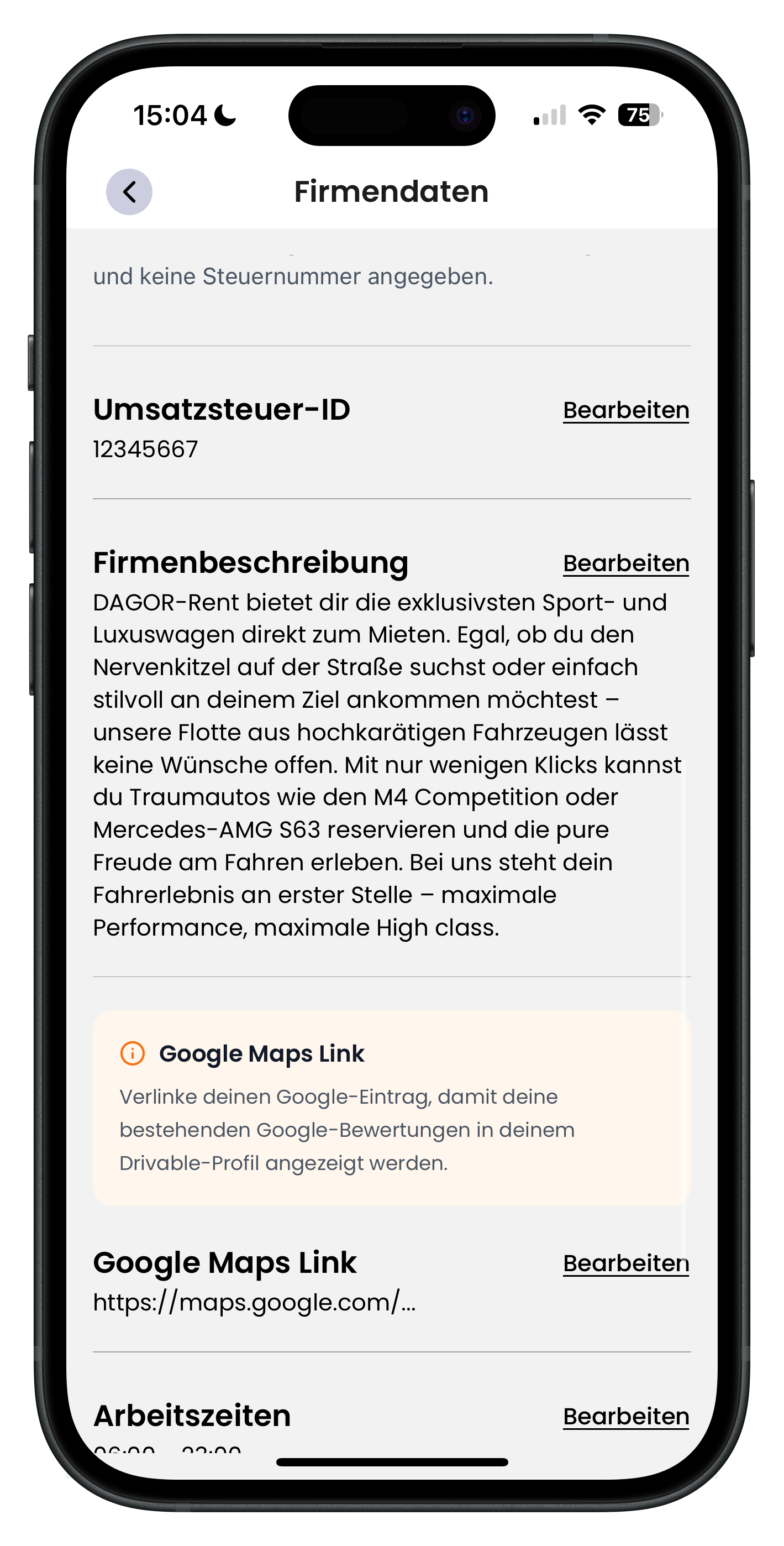 Firmendaten mit Feld für Umsatzsteuer-ID und einer ausführlichen Firmenbeschreibung