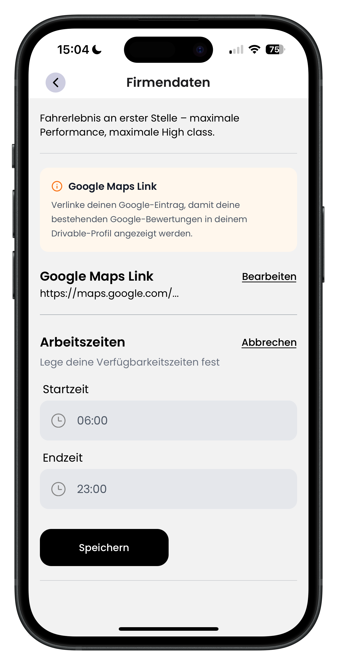 Google-Maps-Link-Bereich in den Firmendaten mit Hinweis zur Verknüpfung von Google-Bewertungen