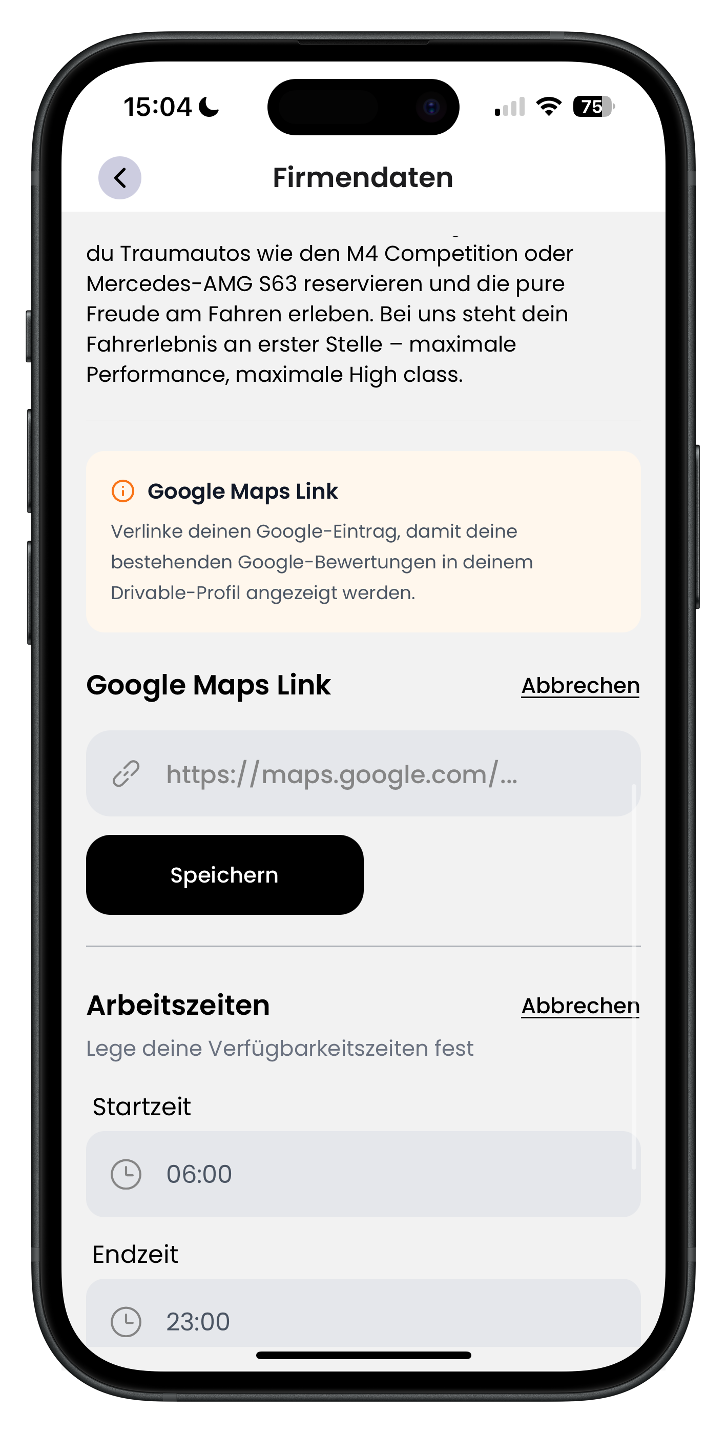 Eingabefeld für den Google-Maps-Link mit Speichern-Button und darunter die Arbeitszeiten-Einstellung