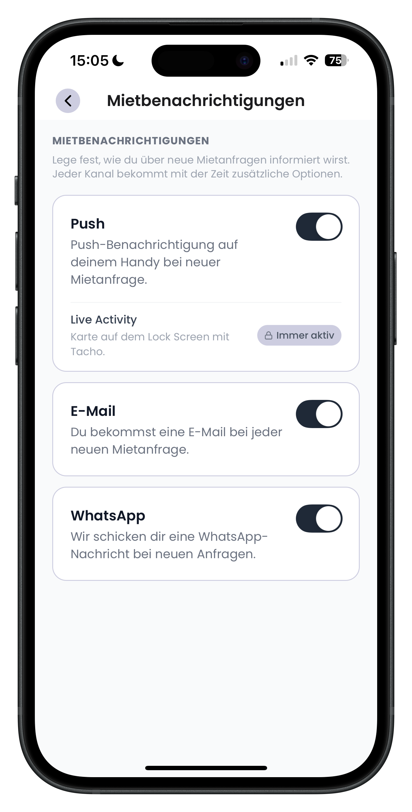 Mietbenachrichtigungen mit aktivierten Schaltern für Push, E-Mail und WhatsApp