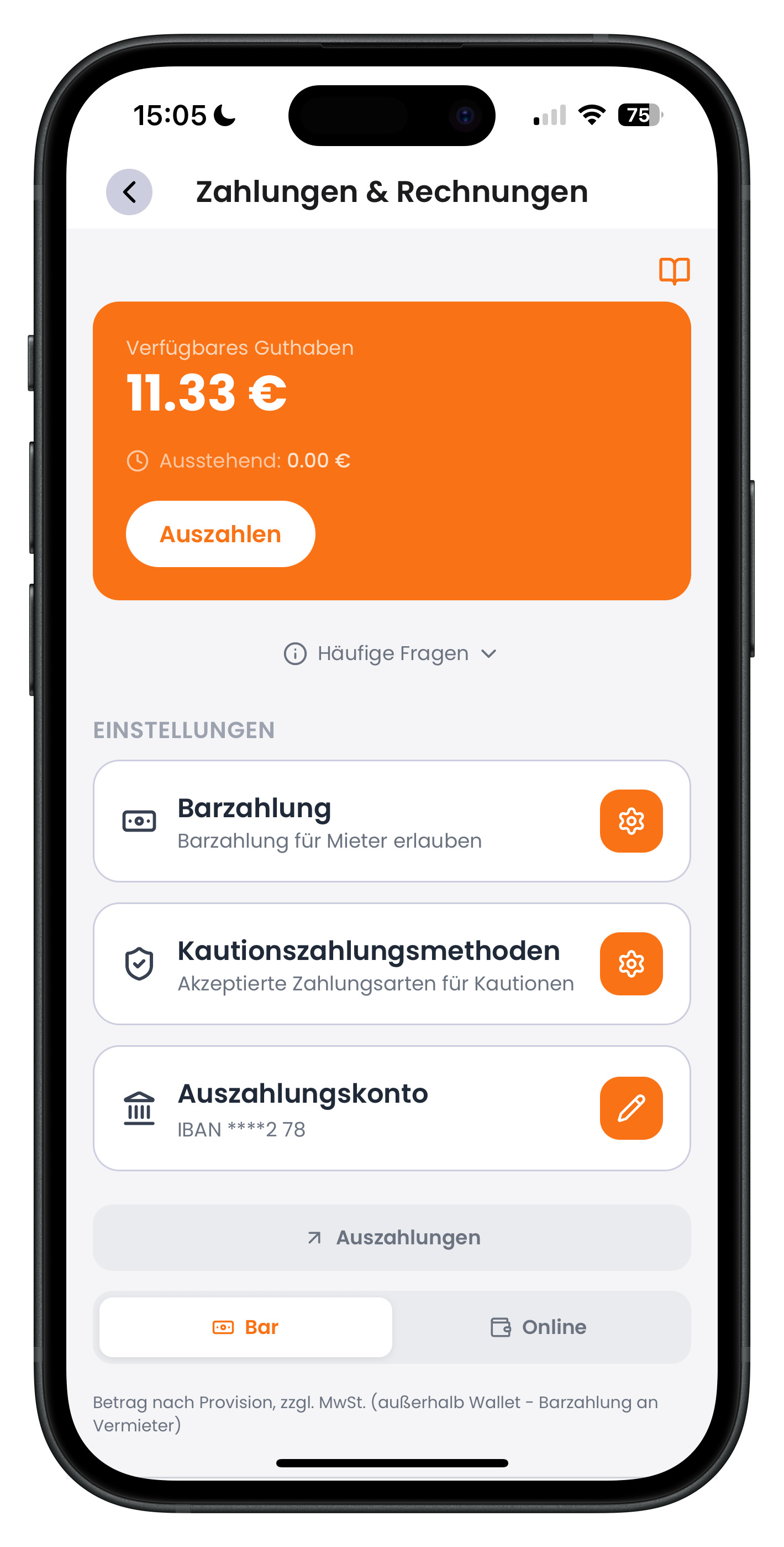 Wallet-Übersicht mit verfügbarem und ausstehendem Guthaben, Auszahlen-Button und Einstellungskarten
