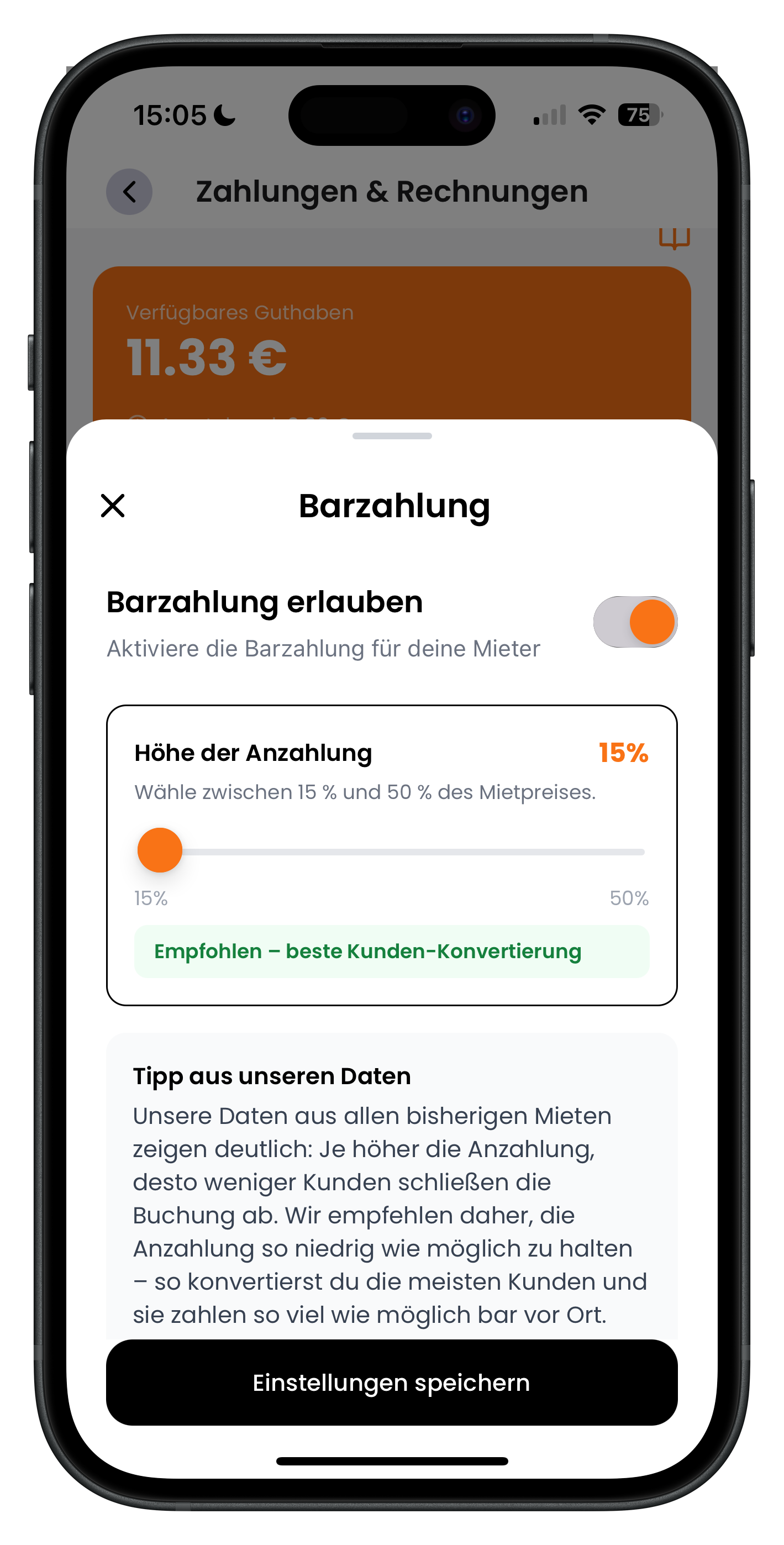 Barzahlung-Einstellung mit Schalter und Schieberegler für die Höhe der Anzahlung von 15 bis 50 Prozent