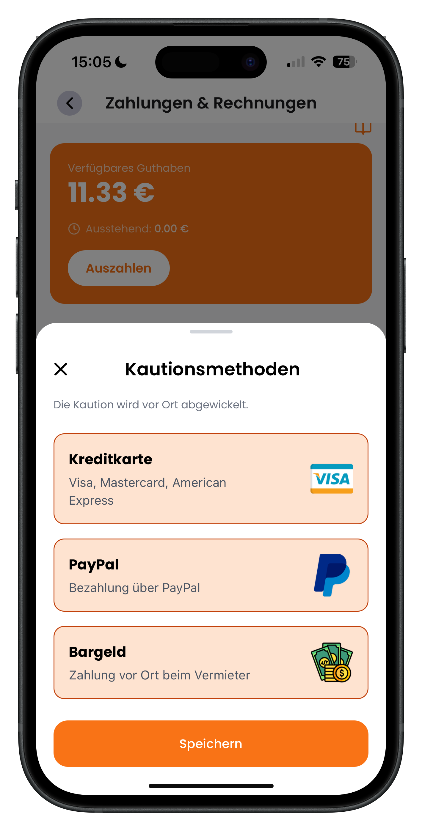 Auswahl der Kautionszahlungsmethoden Kreditkarte, PayPal und Bargeld mit Hinweis zur Vor-Ort-Abwicklung