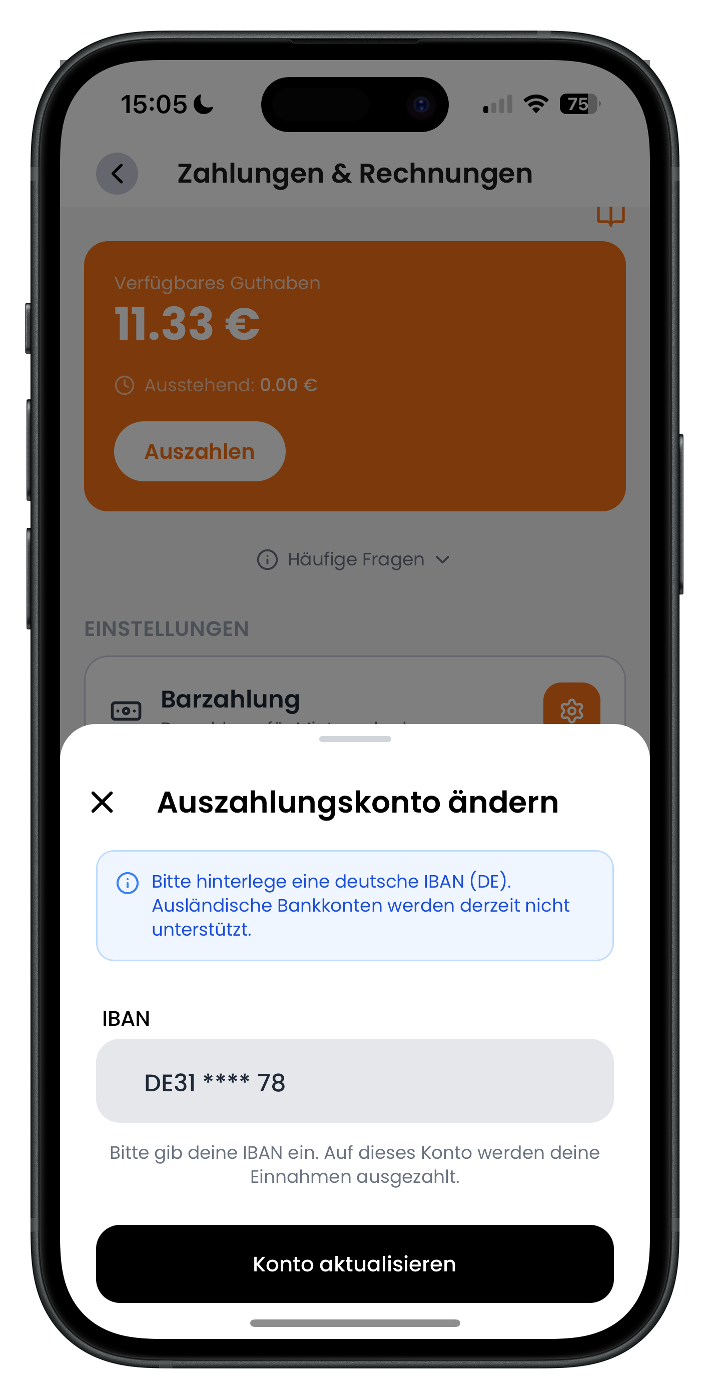 Eingabefenster für das Auszahlungskonto mit deutscher IBAN und Button Konto aktualisieren