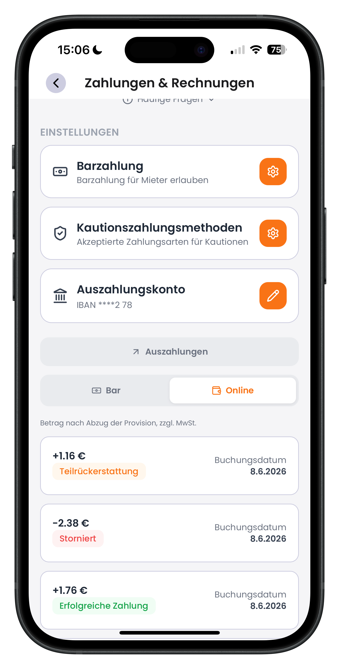 Transaktionsliste mit aktivem Online-Filter und Einträgen für Teilrückerstattung, Storno und erfolgreiche Zahlung