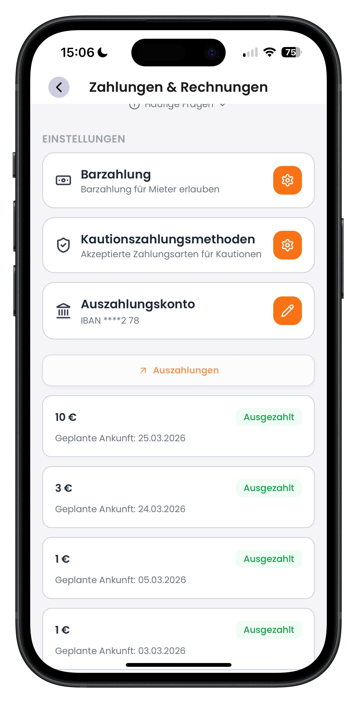 Auszahlungshistorie mit mehreren ausgezahlten Beträgen und geplanten Ankunftsdaten