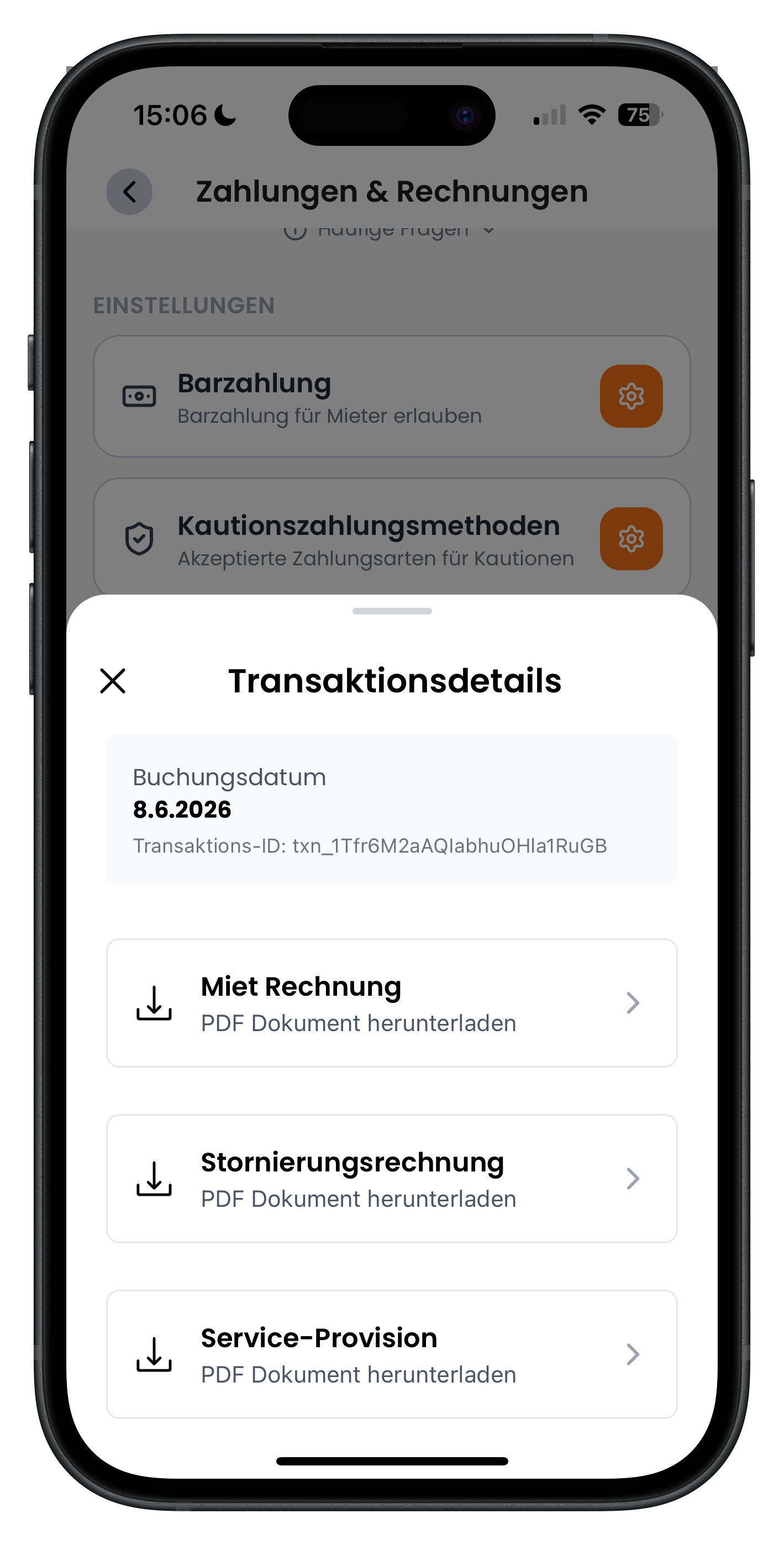 Transaktionsdetails mit Download-Optionen für Miet Rechnung, Stornierungsrechnung und Service-Provision als PDF