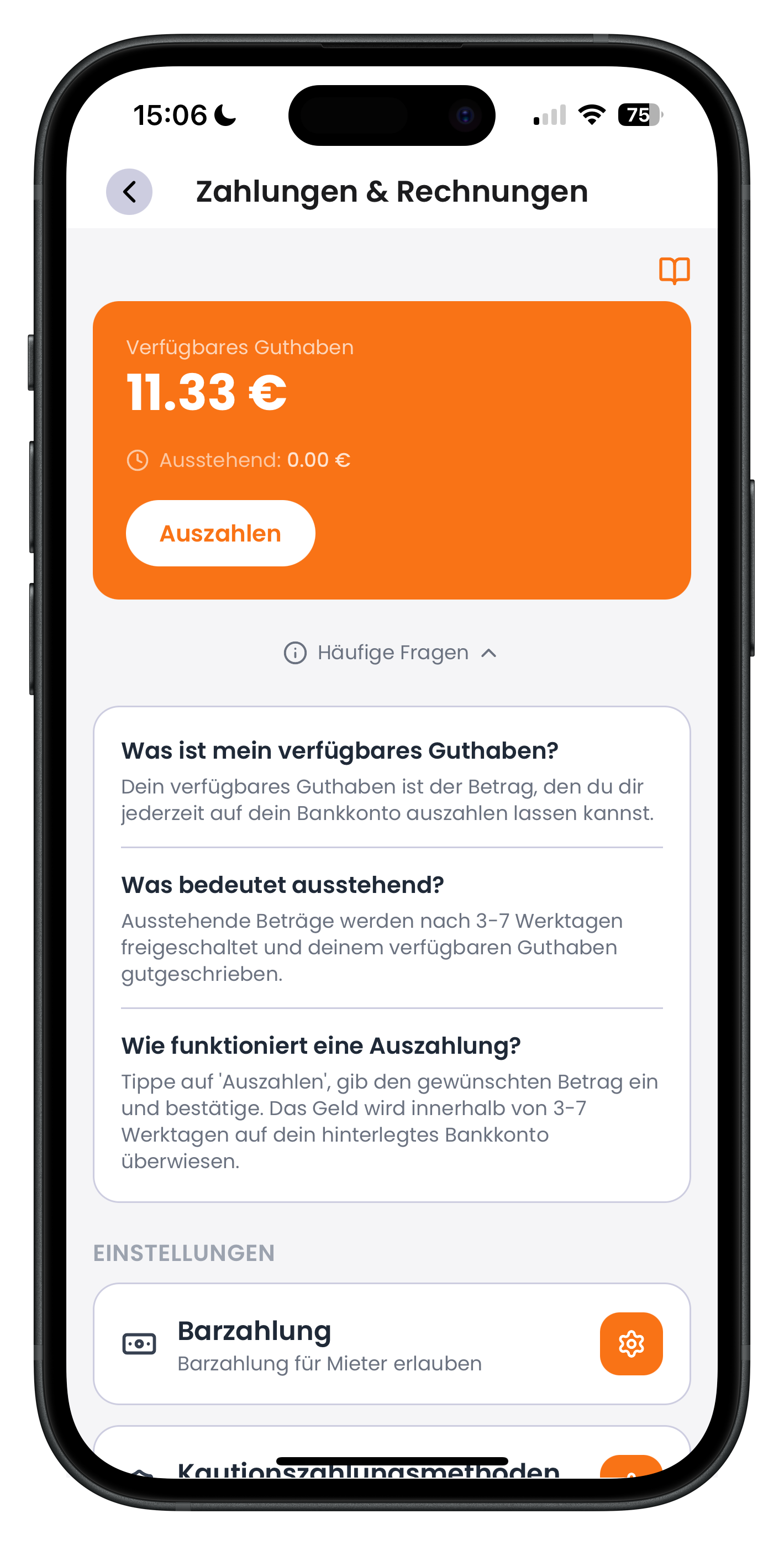 Ausgeklapptes Menü Häufige Fragen in der Geldbörse mit Erklärungen zu verfügbarem und ausstehendem Guthaben