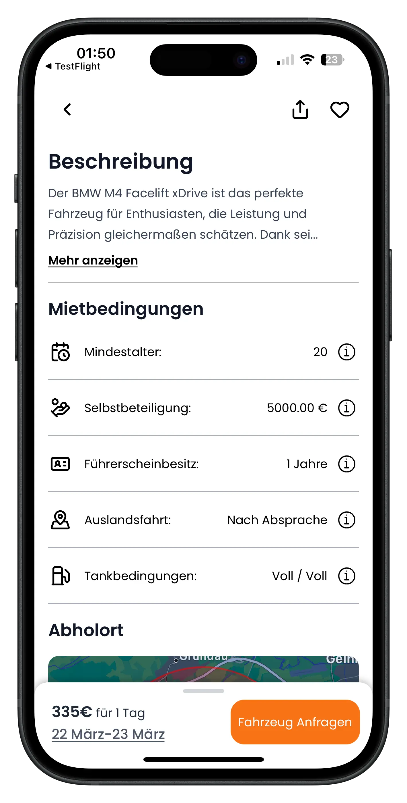 Drivable Inserat Mietbedingungen mit Mindestalter, Selbstbeteiligung, Führerscheinbesitz und Tankbedingungen