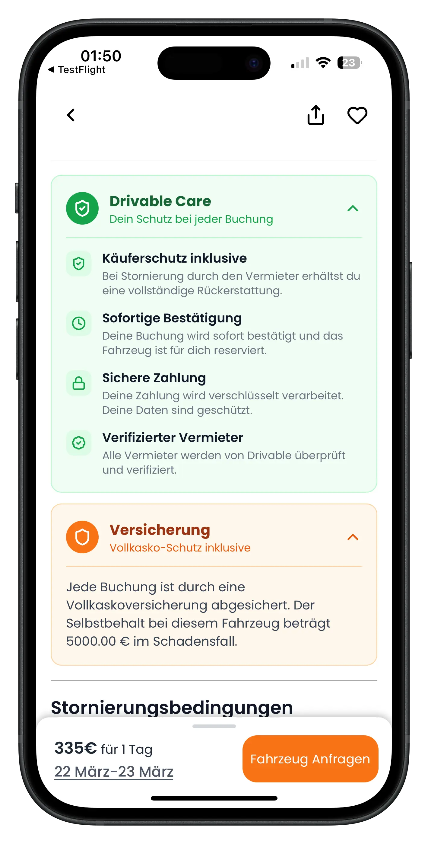 Drivable Care und Versicherung aufgeklappt mit Käuferschutz, sofortige Bestätigung, sichere Zahlung und Vollkasko-Info