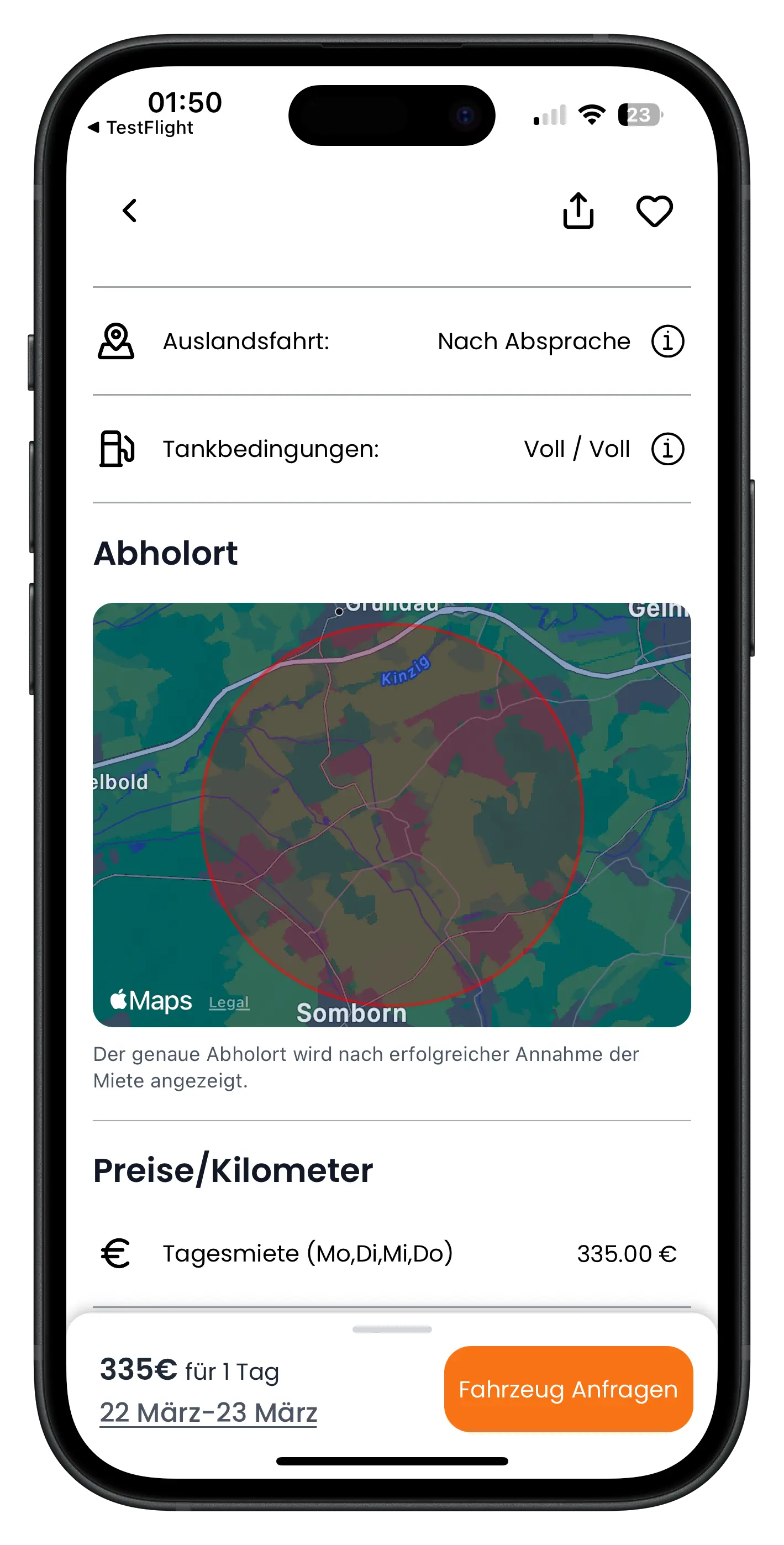 Drivable Inserat Abholort mit Kartenansicht und ungefährem Standort im roten Kreis