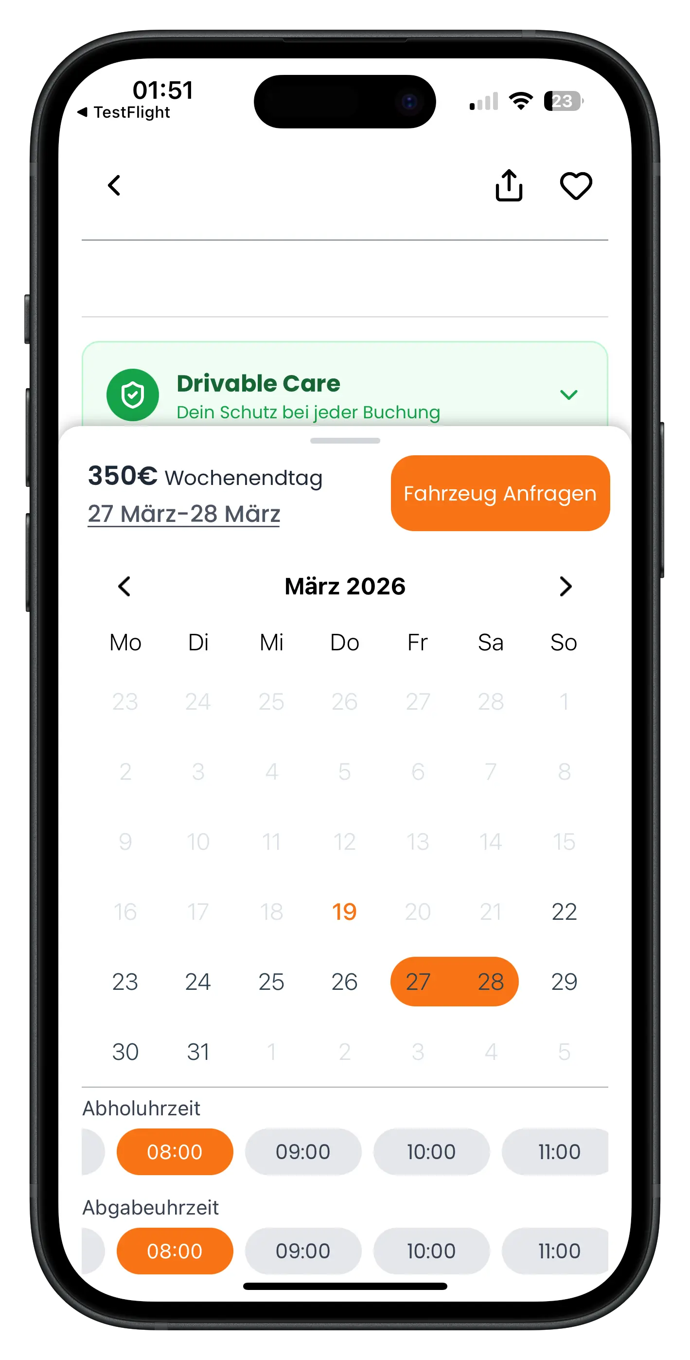 Drivable Preisauswahl mit Kalender, Datumsauswahl und Uhrzeitauswahl für Abholung und Abgabe