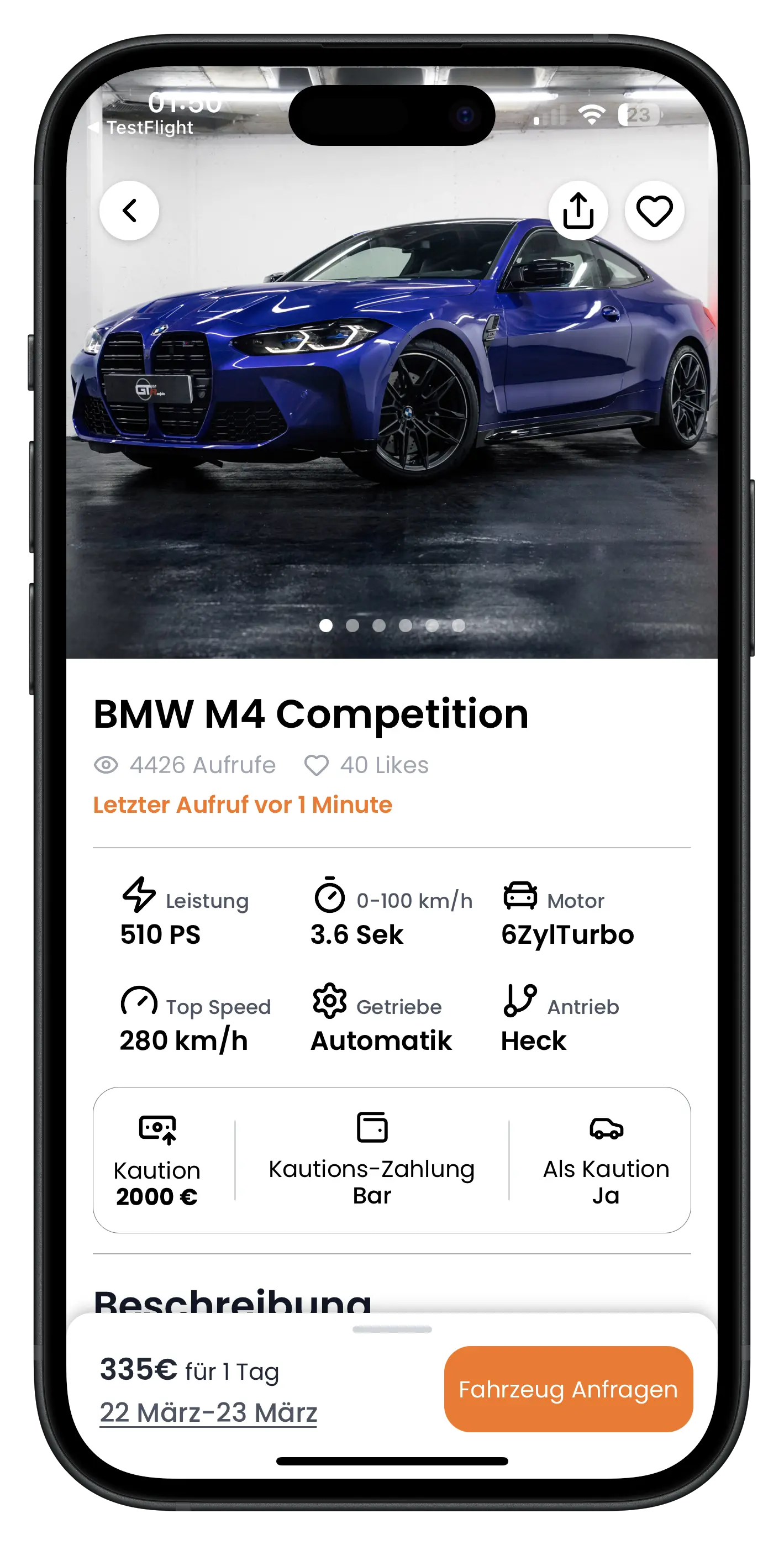 Drivable Inserat Startansicht mit BMW M4 Competition Fahrzeugbildern, Leistungsdaten und Kautionsbox