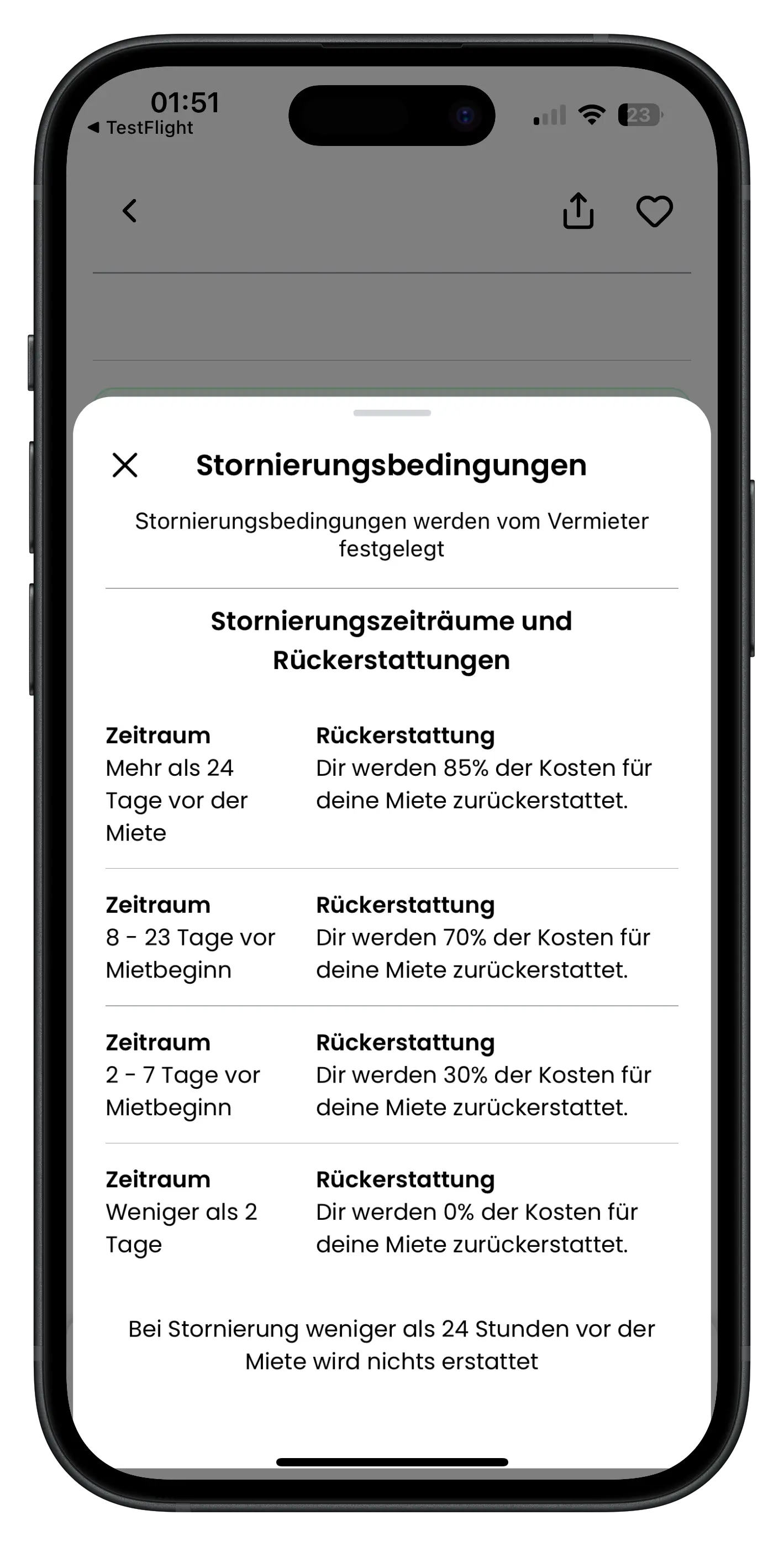 Drivable Stornierungsbedingungen Popup mit gestaffelten Zeiträumen und Rückerstattungsquoten