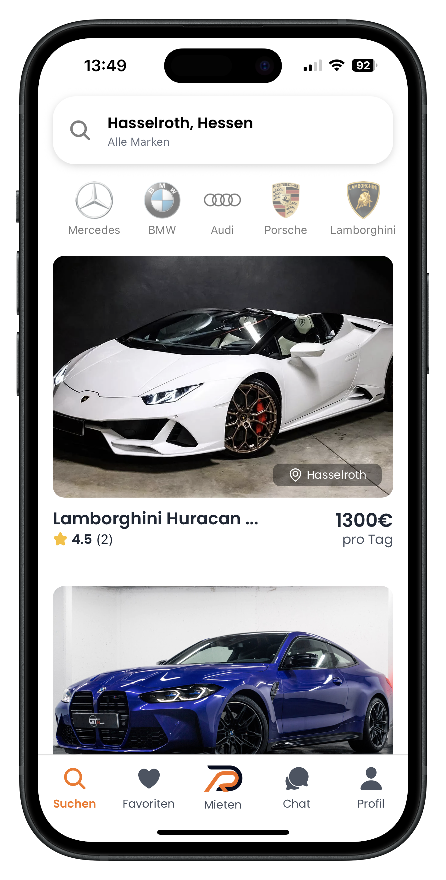 Drivable Suche Hauptansicht mit Suchbox, Marken-Icons und Fahrzeugliste