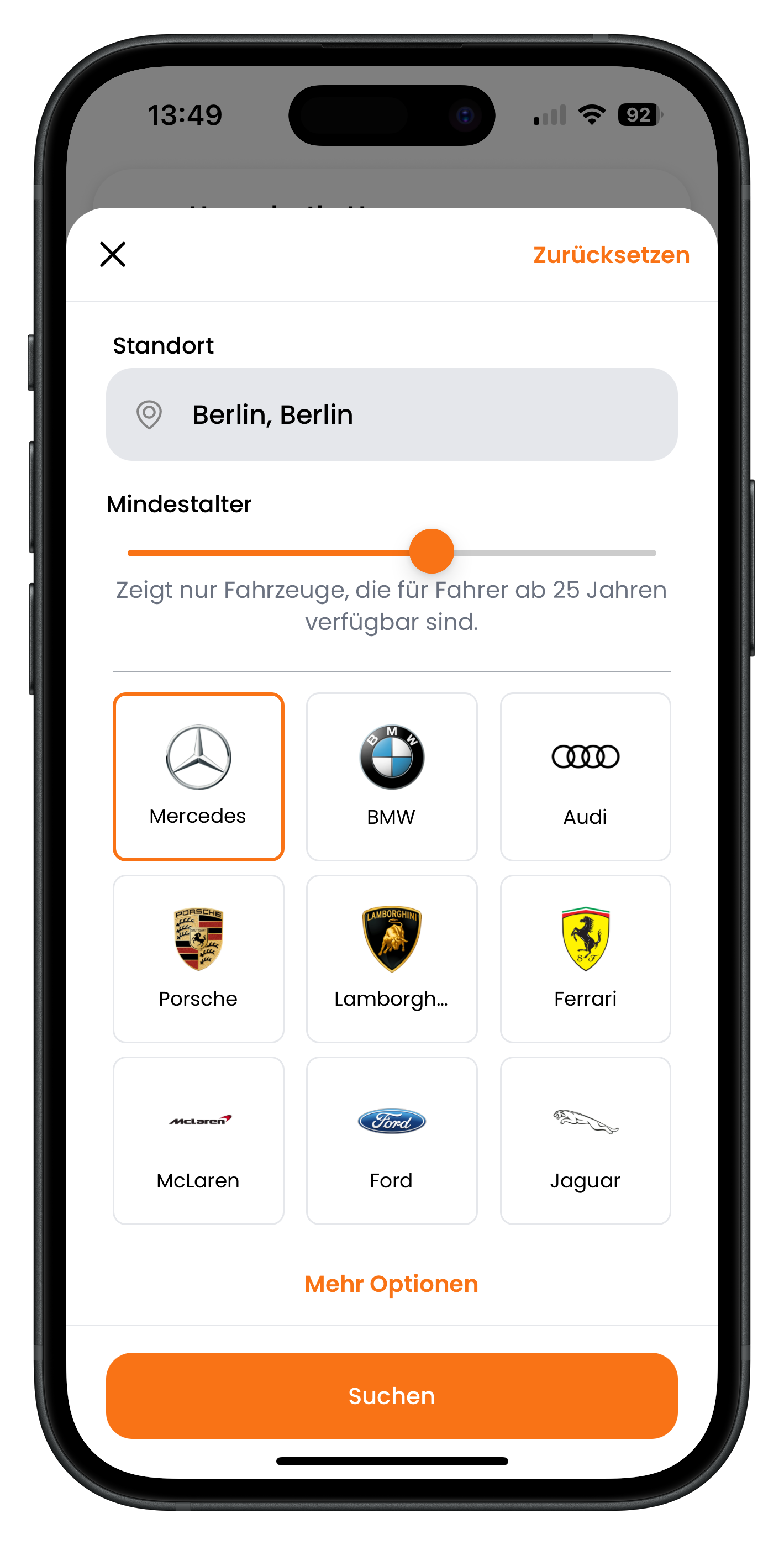 Drivable erweiterte Suche mit Standort Berlin, Mindestalter-Slider und Markenauswahl