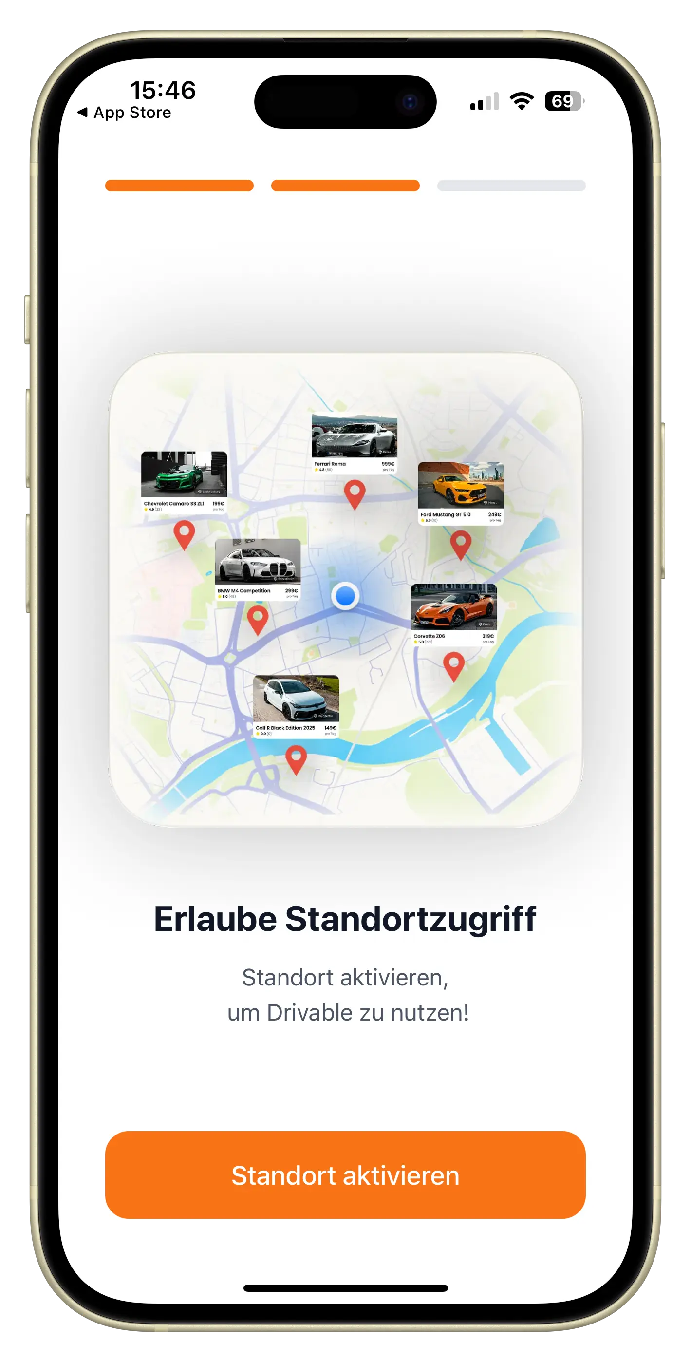 Standort-Erlaubnis Screen mit Karte und Fahrzeugen