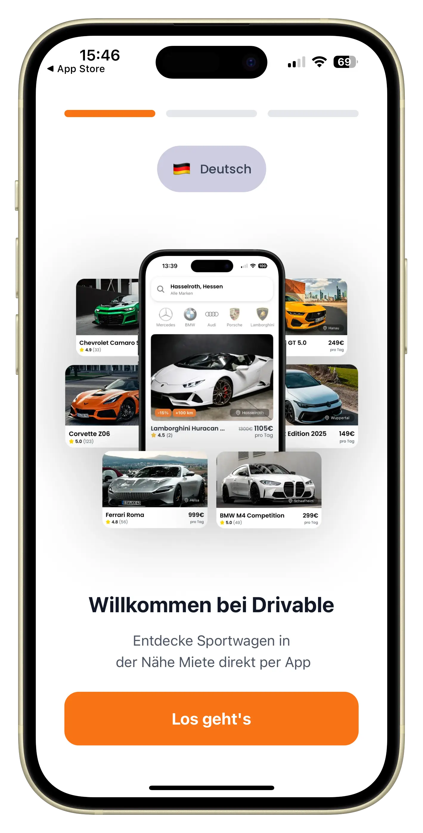 Drivable Welcome-Screen mit Sportwagen in der Nähe