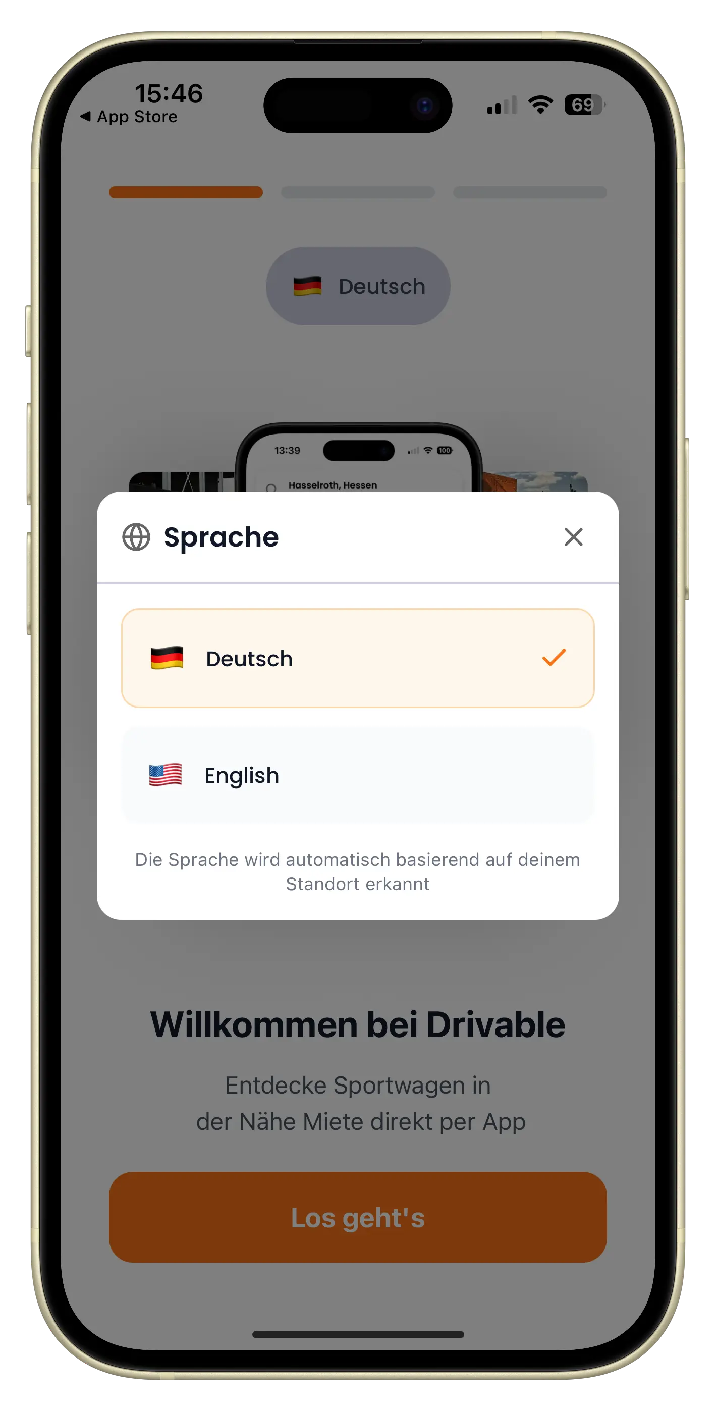 Sprachauswahl-Modal in der Drivable App mit Deutsch und English