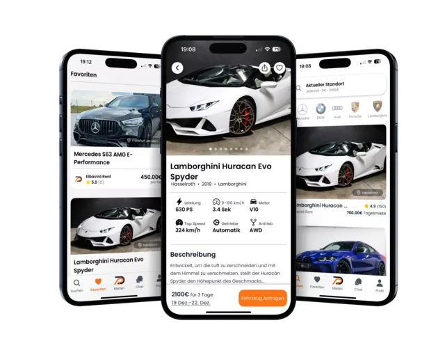 Drei App-Ansichten: Favoriten, Fahrzeugdetail, Suche